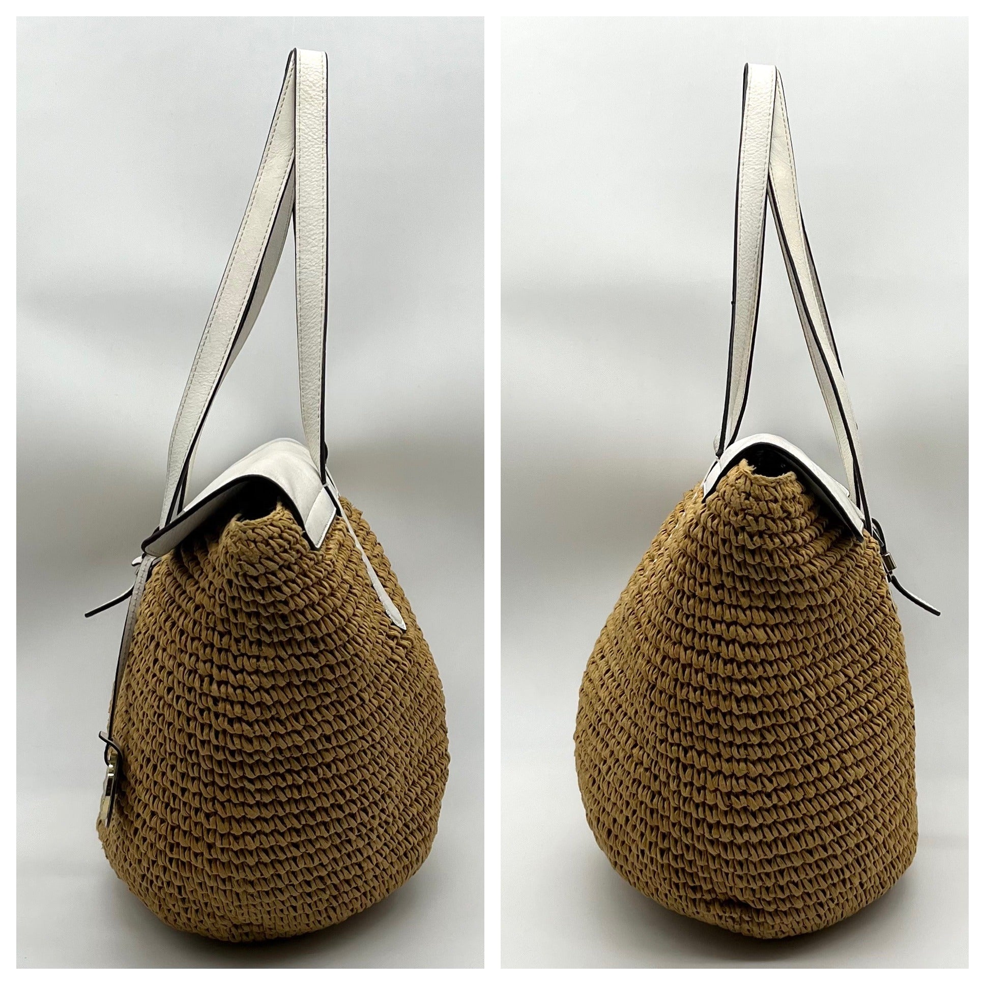 Michael Kors White Leather Woven Straw Large Naomi Tote Bag