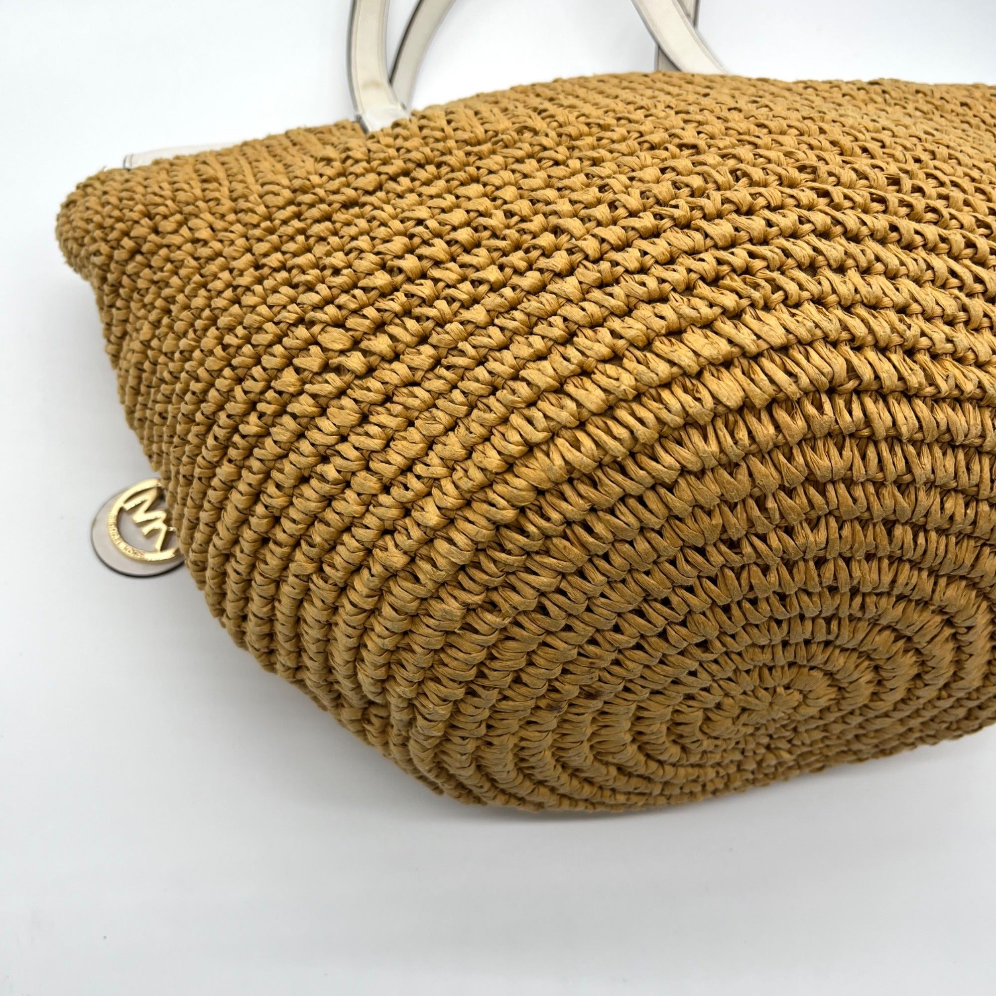 Michael Kors White Leather Woven Straw Large Naomi Tote Bag