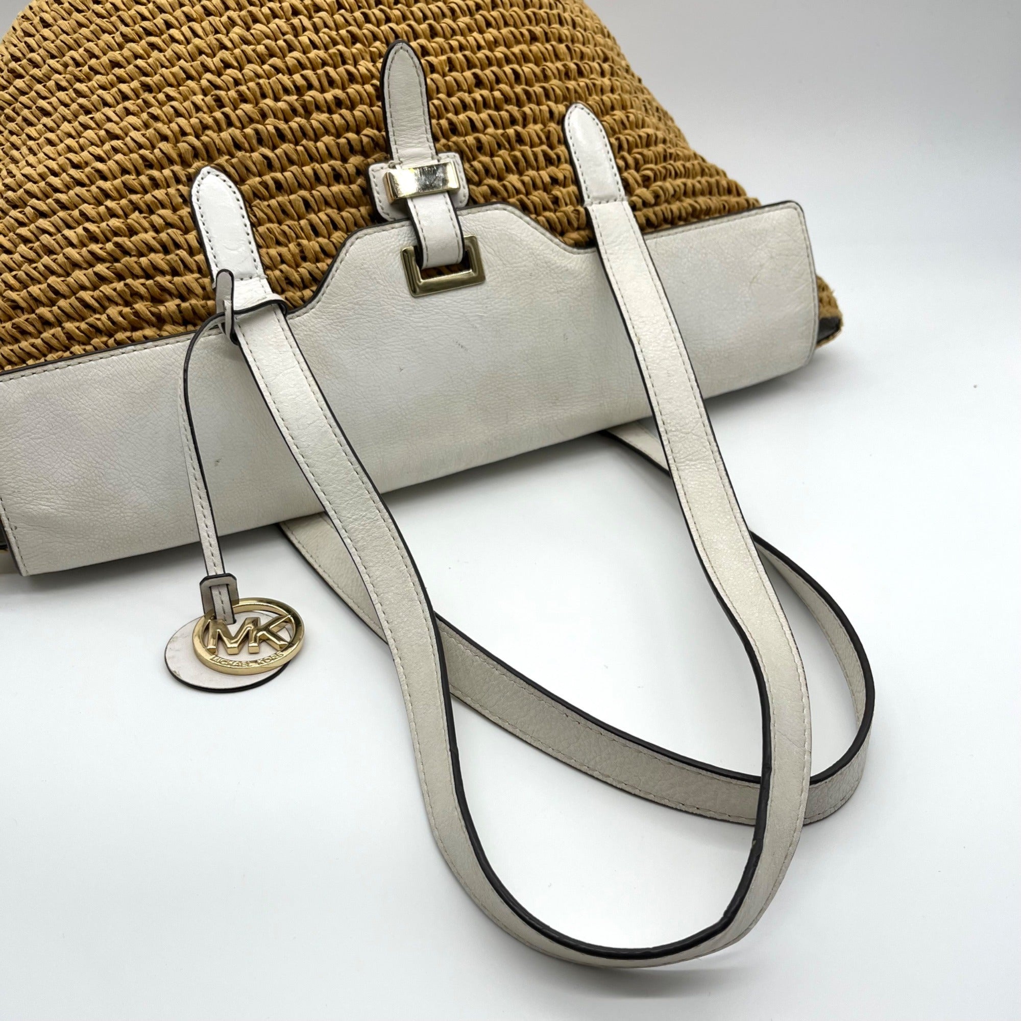 Michael Kors White Leather Woven Straw Large Naomi Tote Bag