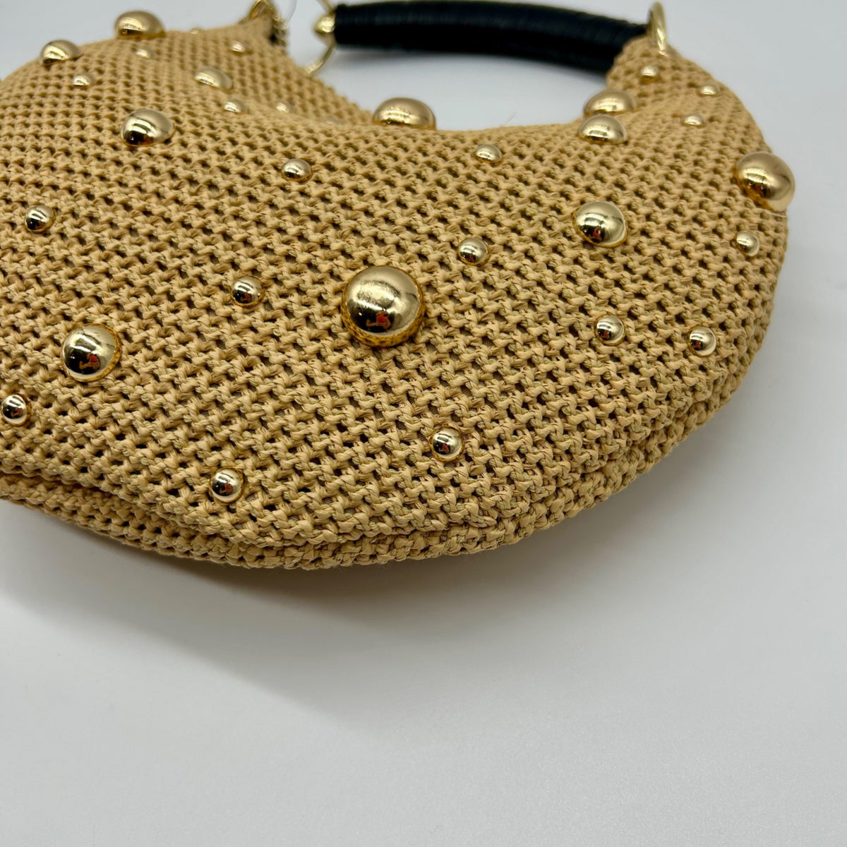 International Concepts Tan Woven Straw Studded Handbag