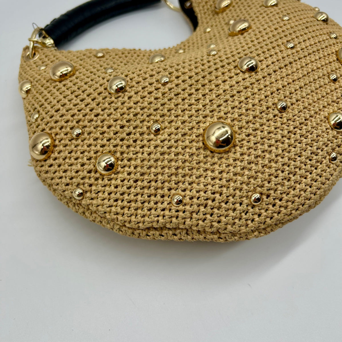 International Concepts Tan Woven Straw Studded Handbag