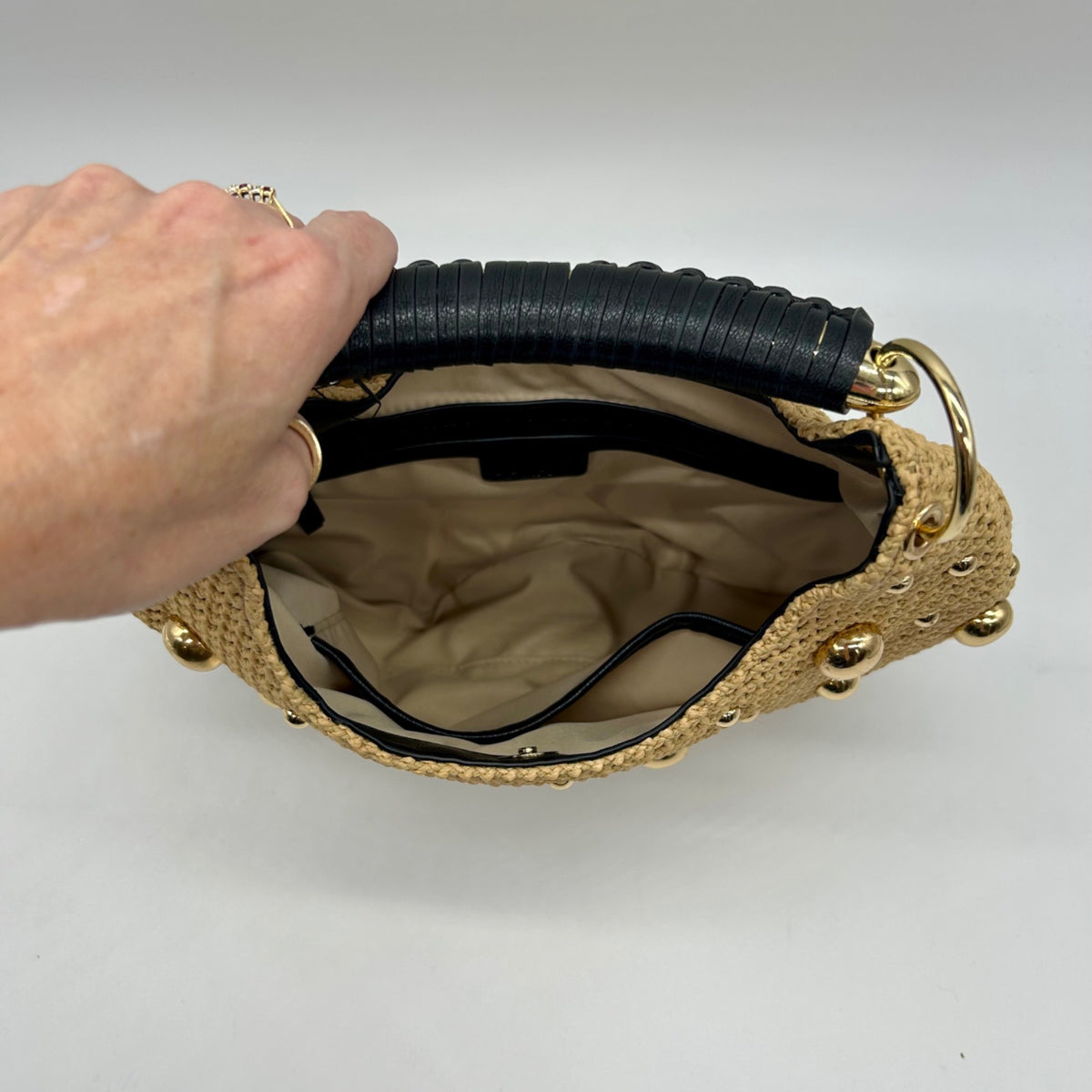 International Concepts Tan Woven Straw Studded Handbag