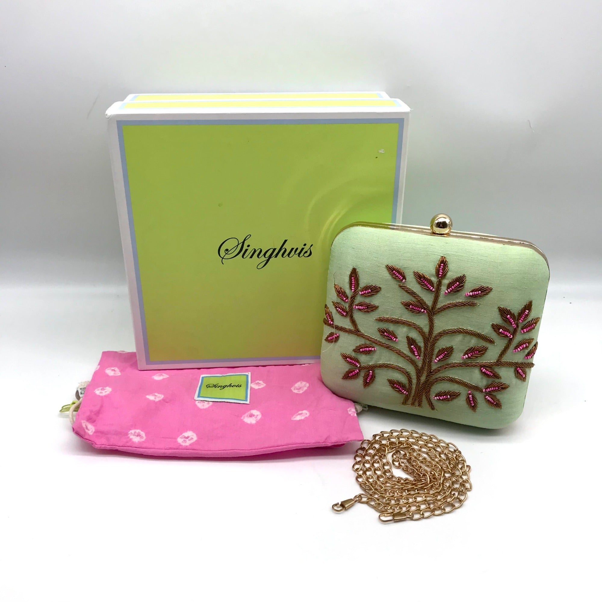 Singhvis Pink &amp; Green Embroidered Fabric Fall Convertible Clutch