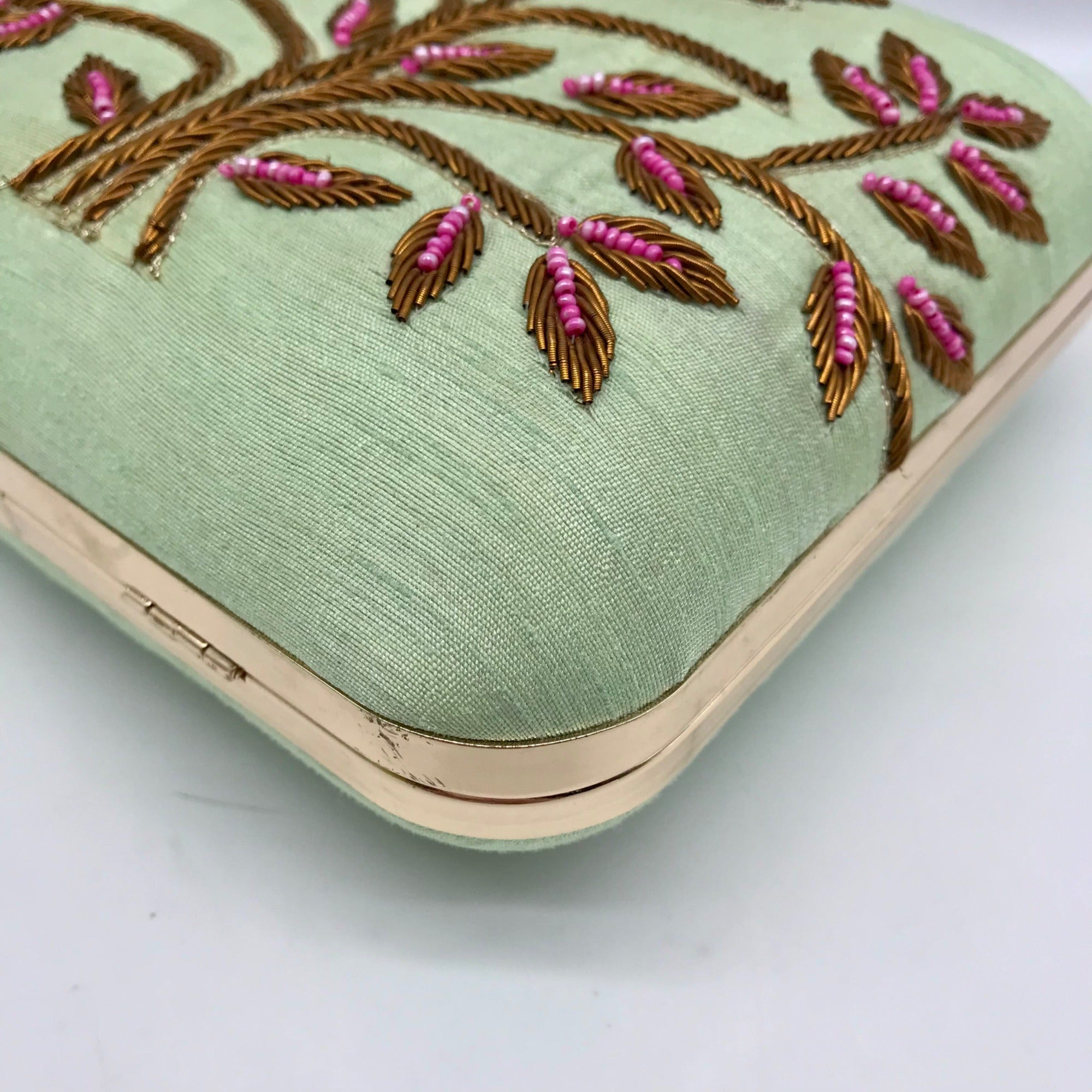 Singhvis Pink &amp; Green Embroidered Fabric Fall Convertible Clutch