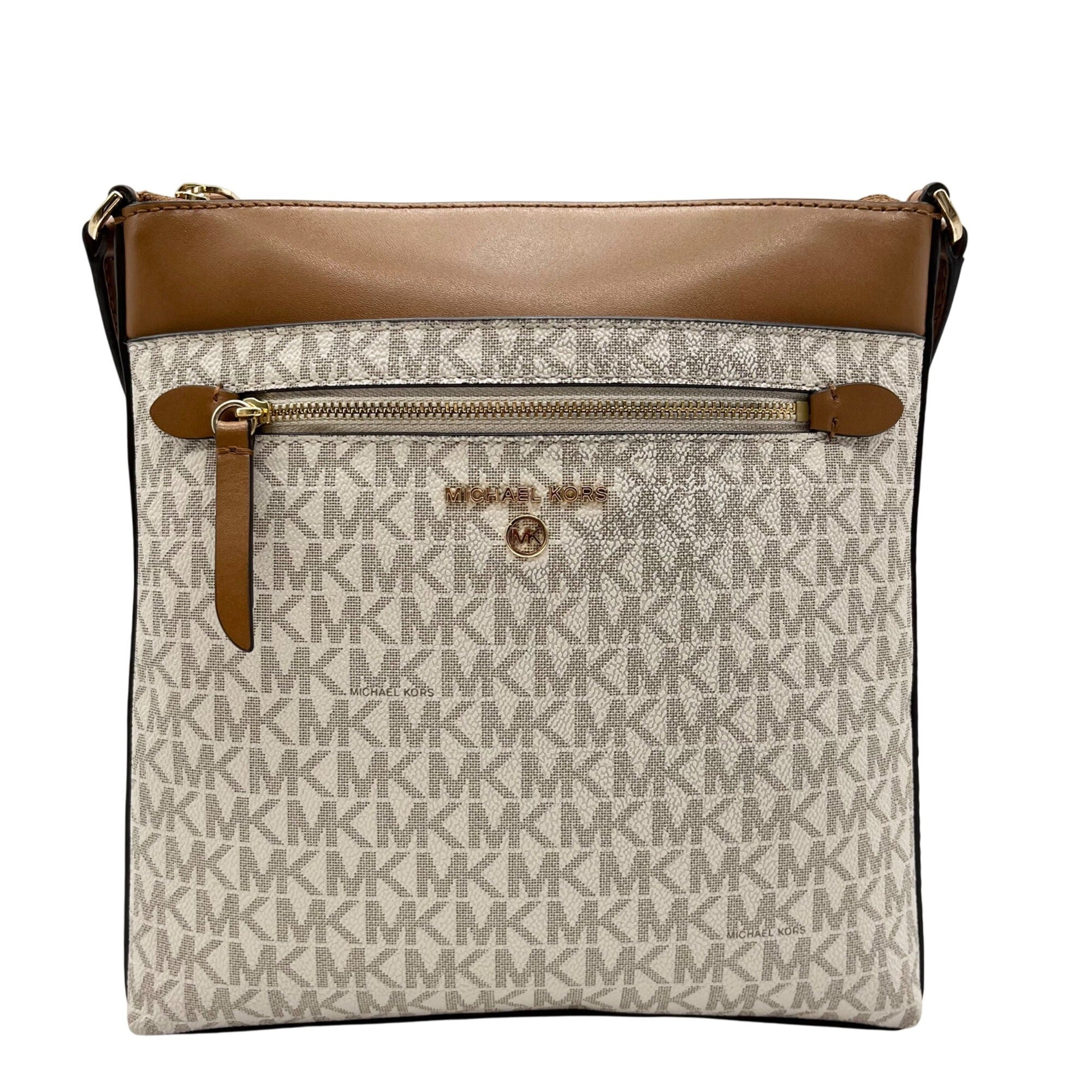 Michael Kors Vanilla And Acorn Coated Canvas Jet Set Charm North South Crossbody Bag