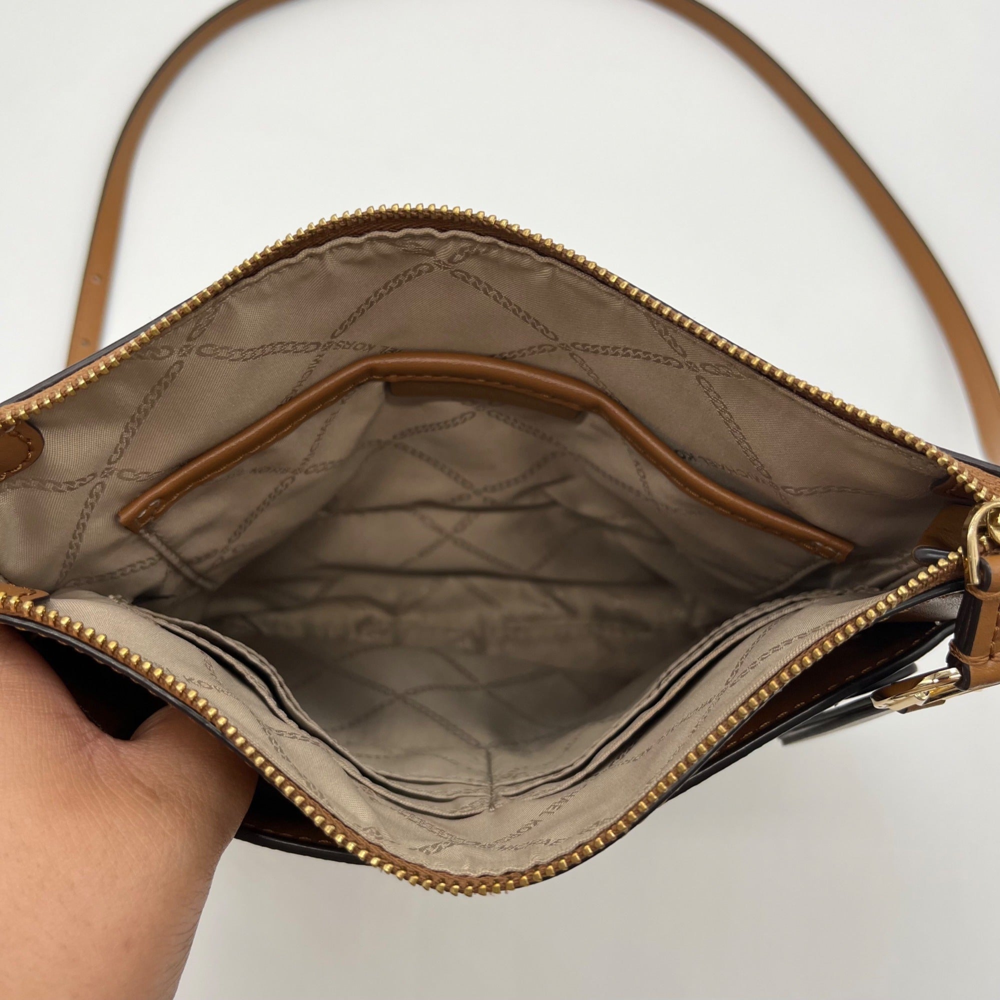 Michael Kors Vanilla And Acorn Coated Canvas Jet Set Charm North South Crossbody Bag