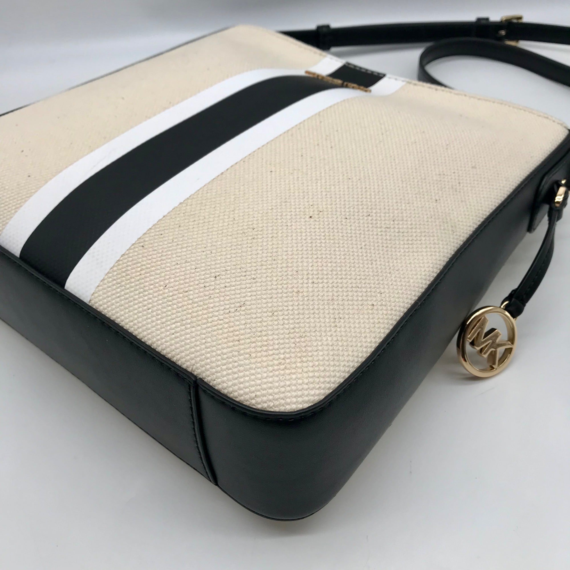 Michael Kors Beige Canvas &amp; Leather Messenger Stripe Crossbody Bag