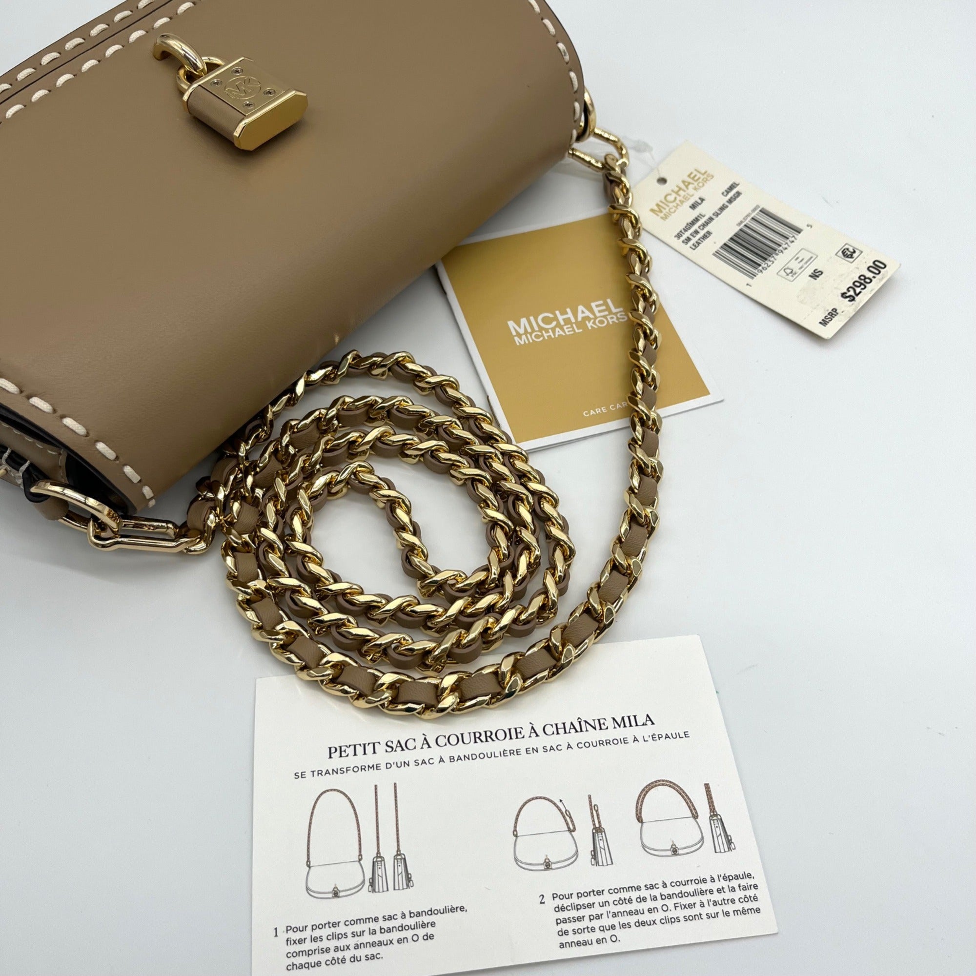 Michael Kors Camel Leather Mila Chain Sling Messenger Bag
