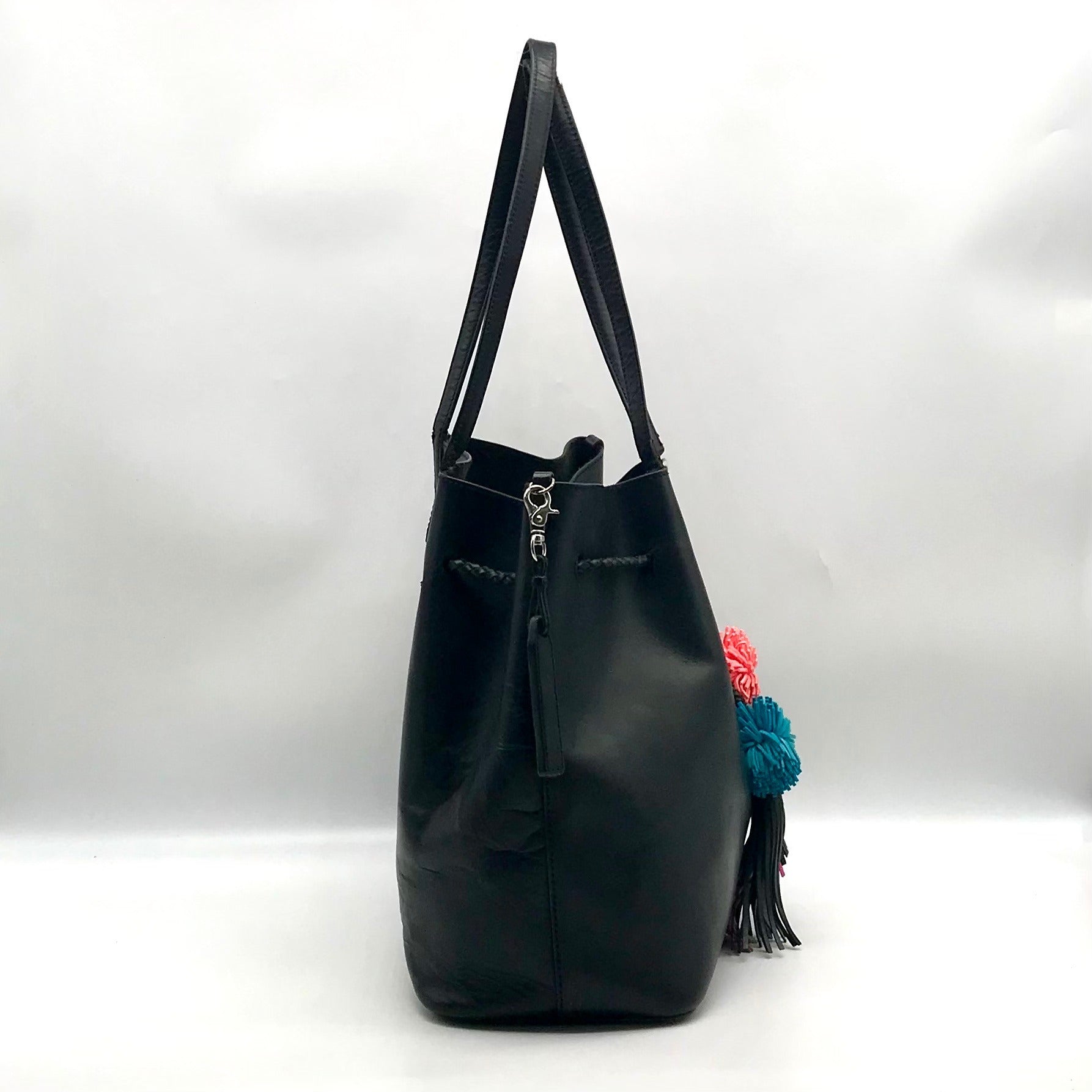 Loeffler Randall Black Leather Pom-Pom Drawstring Tote Bag