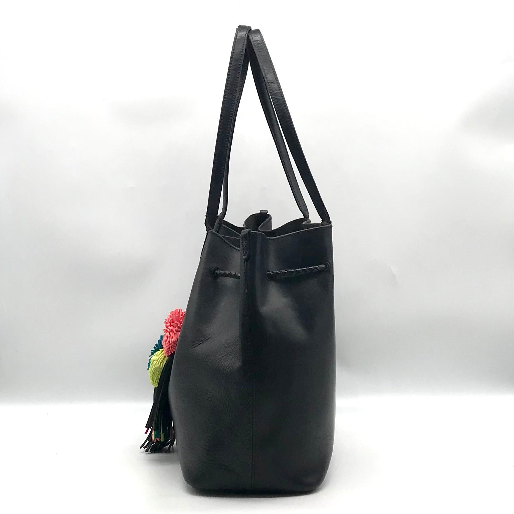 Loeffler Randall Black Leather Pom-Pom Drawstring Tote Bag