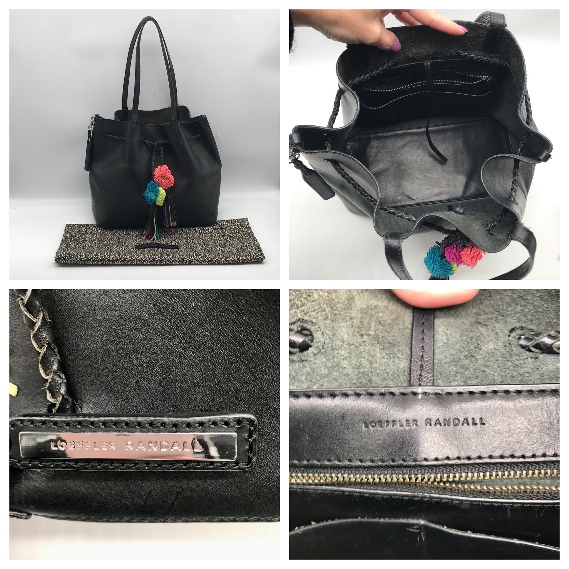 Loeffler Randall Black Leather Pom-Pom Drawstring Tote Bag
