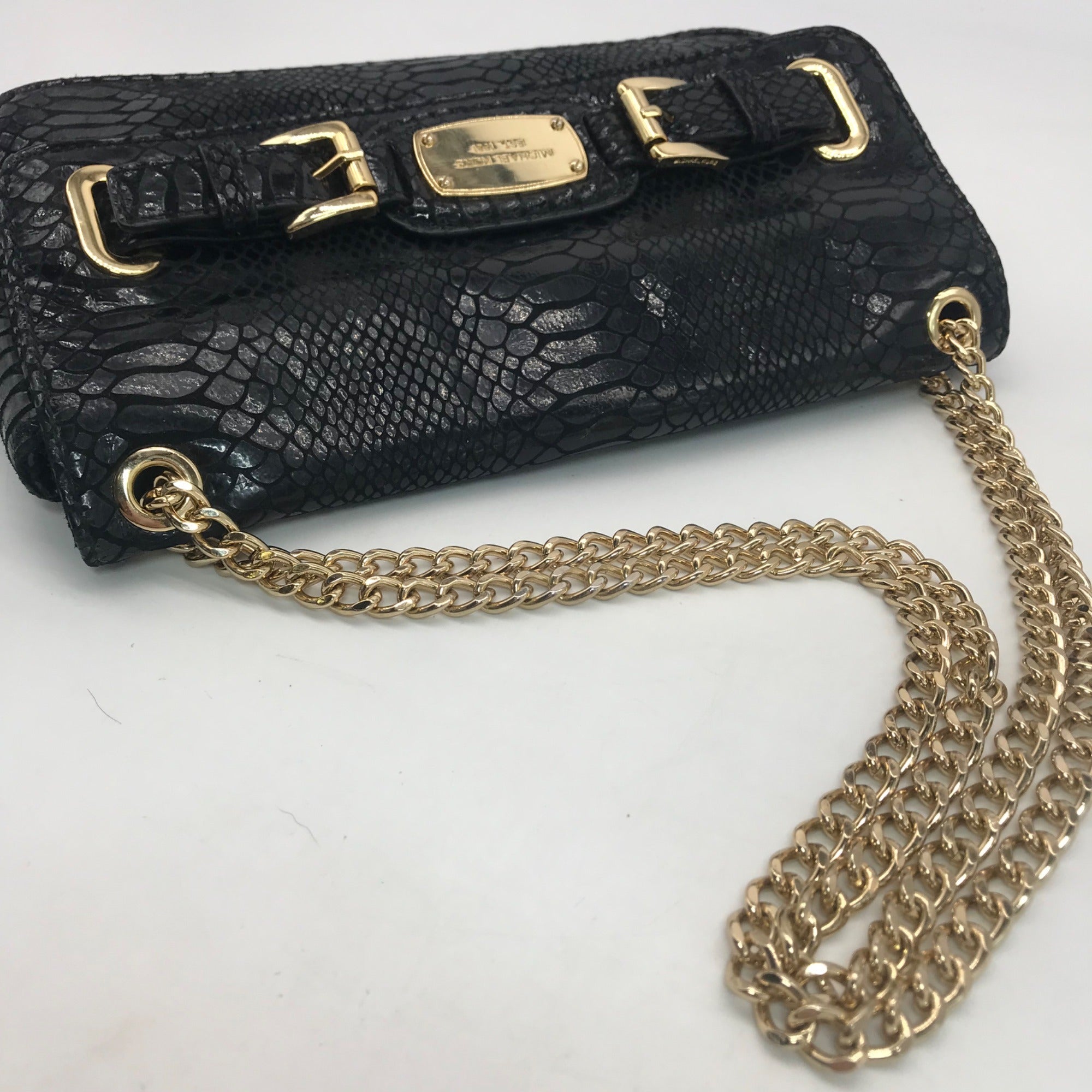 Michael Kors Black Python Leather Hamilton Flap Shoulder Bag