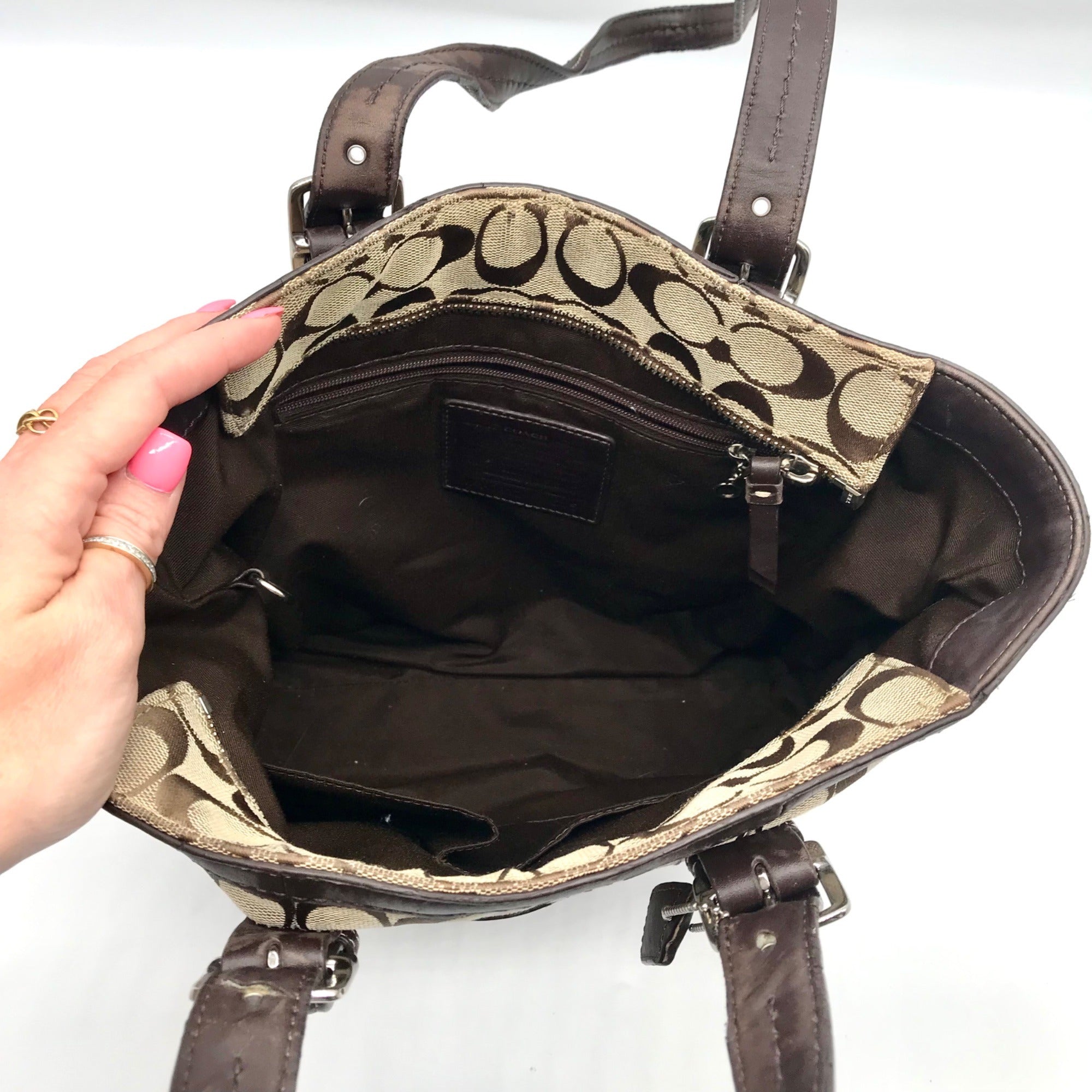 Coach Beige &amp; Brown Canvas Hampton Tote Bag F12645