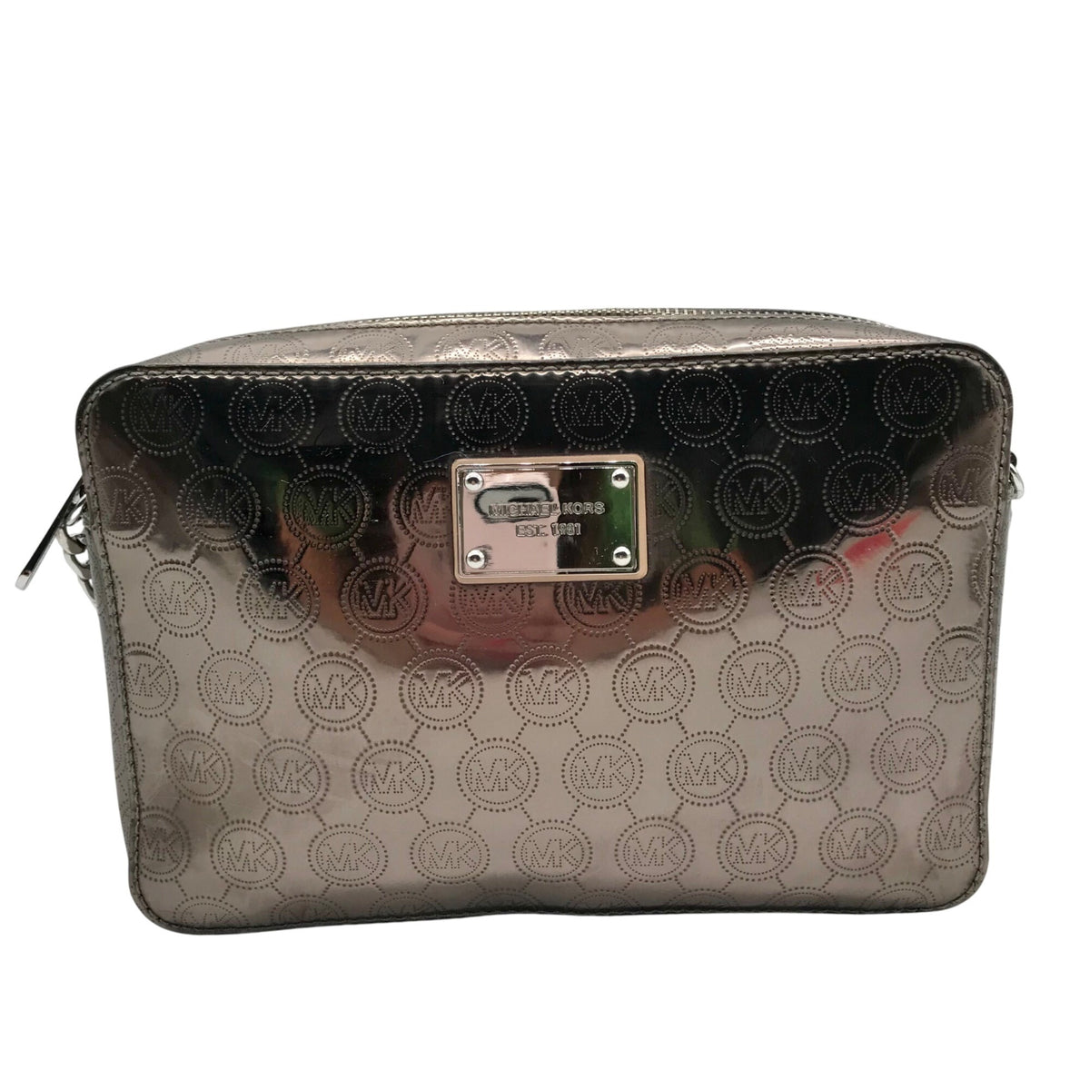 Michael Kors Metallic Gray Monogram Patent Leather Jet Set Crossbody