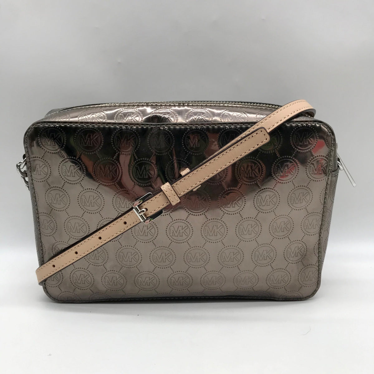 Michael Kors Metallic Gray Monogram Patent Leather Jet Set Crossbody