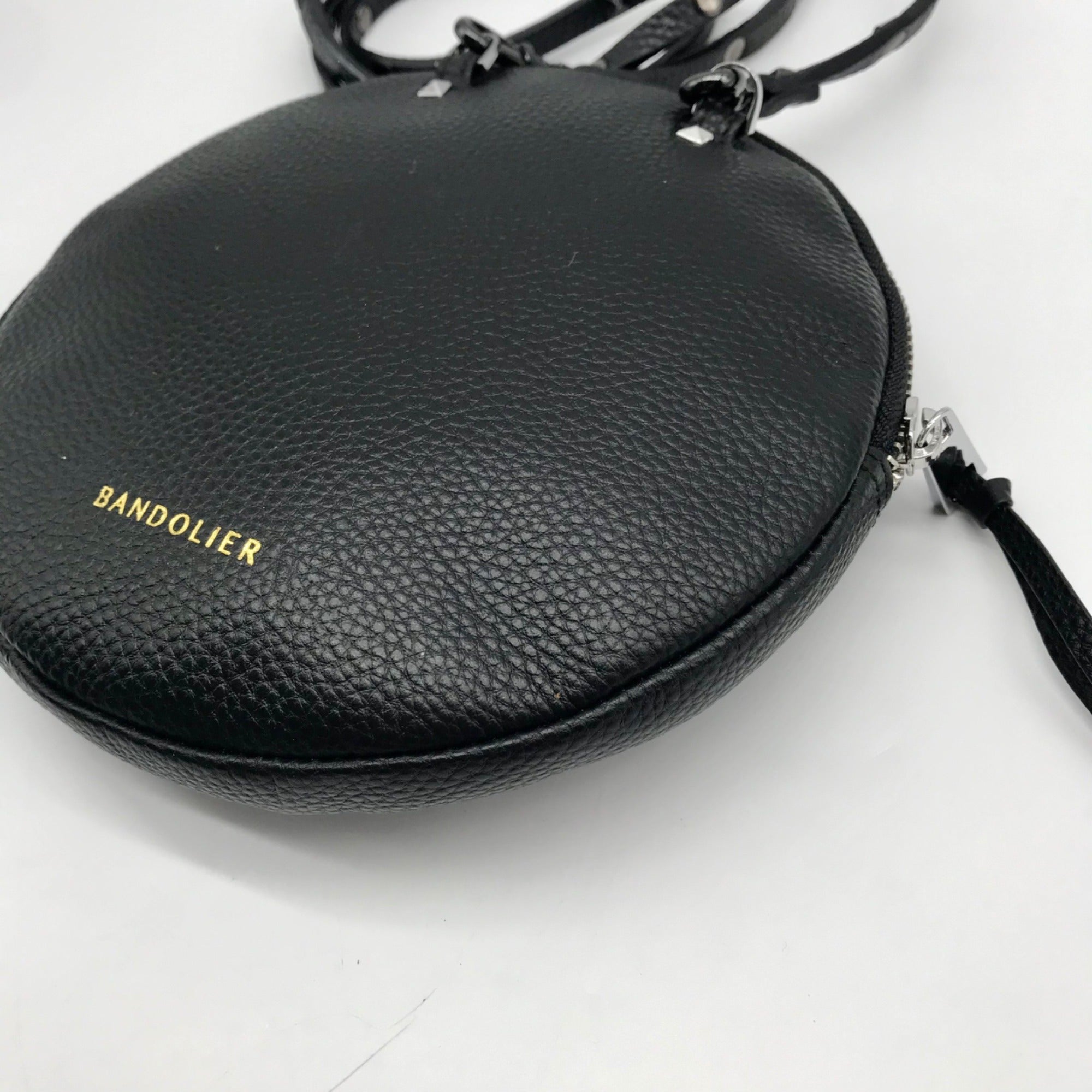 Bandolier Black Leather Mini Round Crossbody Bag