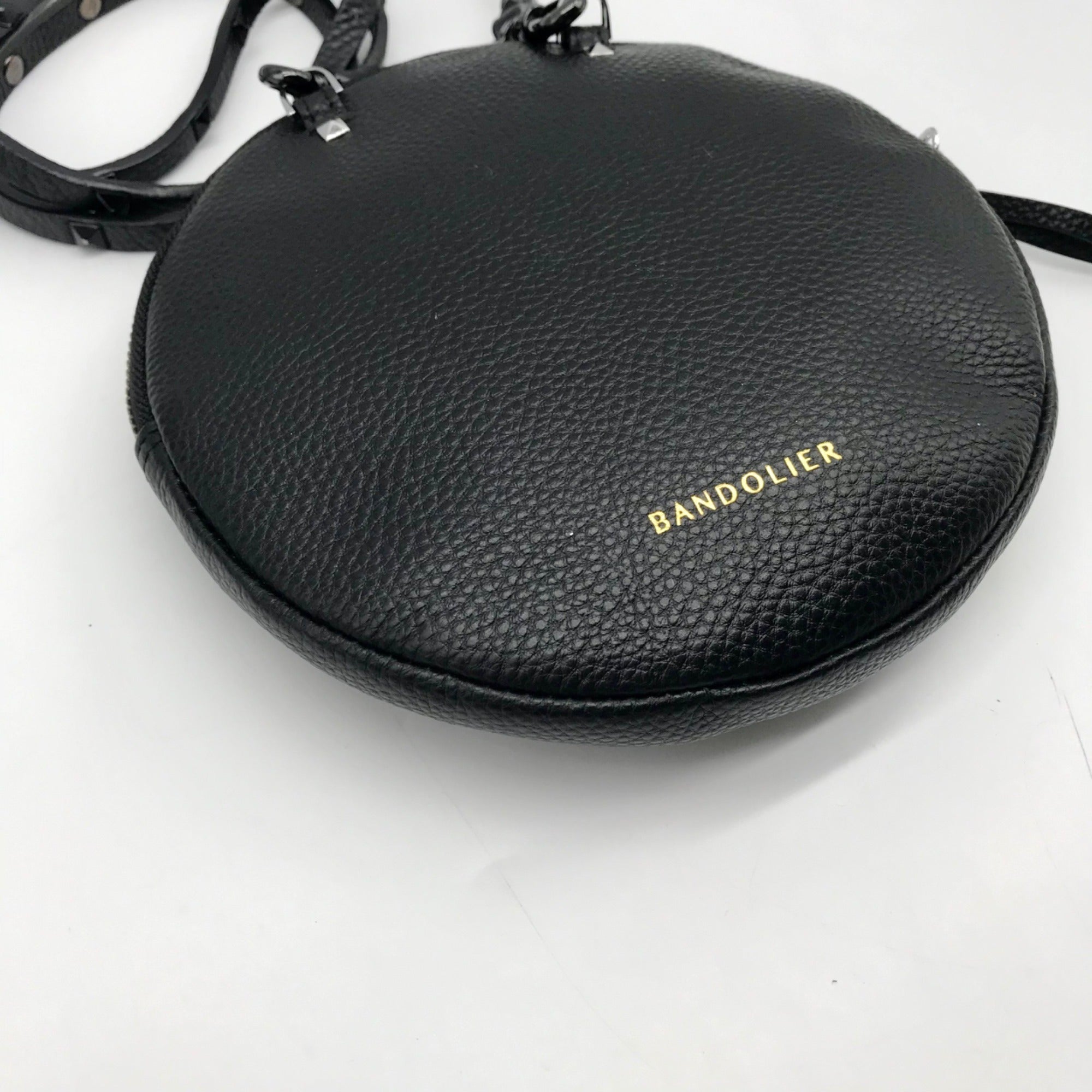 Bandolier Black Leather Mini Round Crossbody Bag