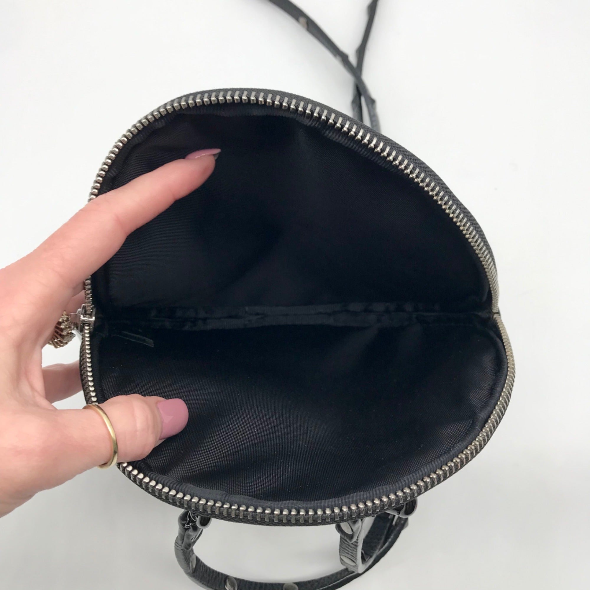 Bandolier Black Leather Mini Round Crossbody Bag