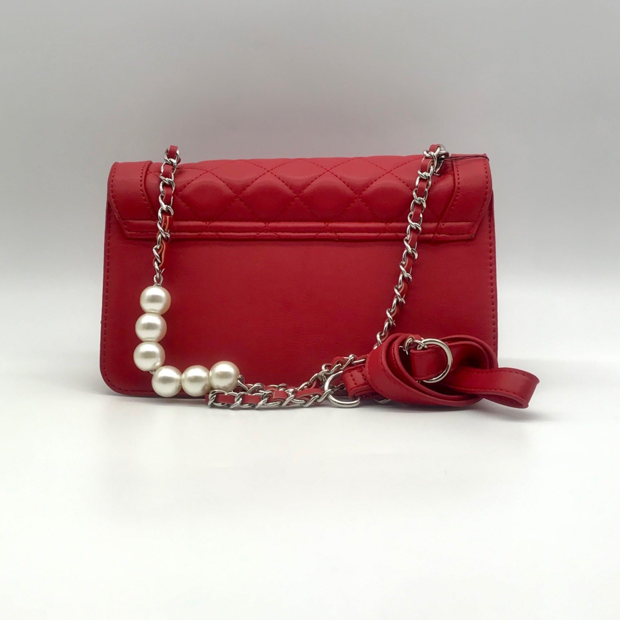 Badgley Mischka Red Quilted Faux Leather And Pearl Crossbody
