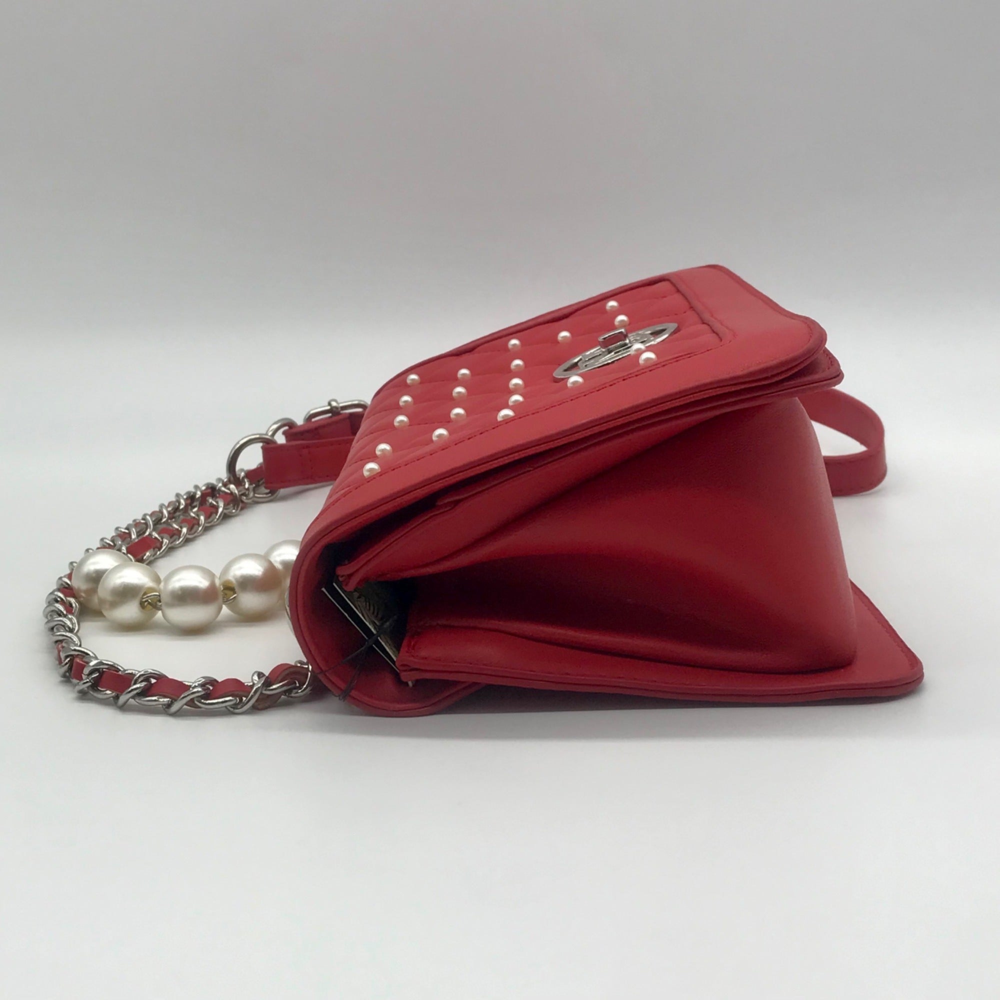 Badgley Mischka Red Quilted Faux Leather And Pearl Crossbody