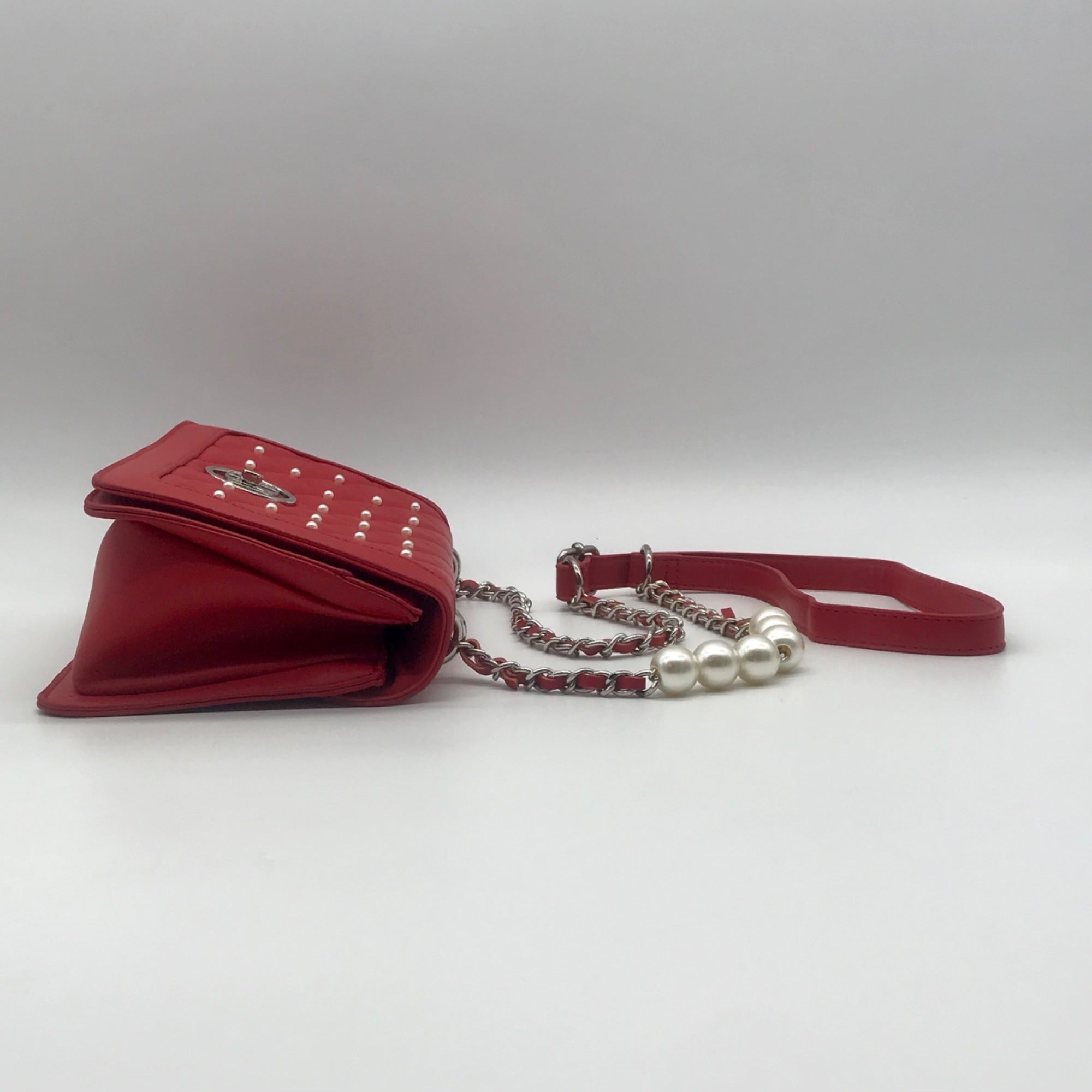Badgley Mischka Red Quilted Faux Leather And Pearl Crossbody