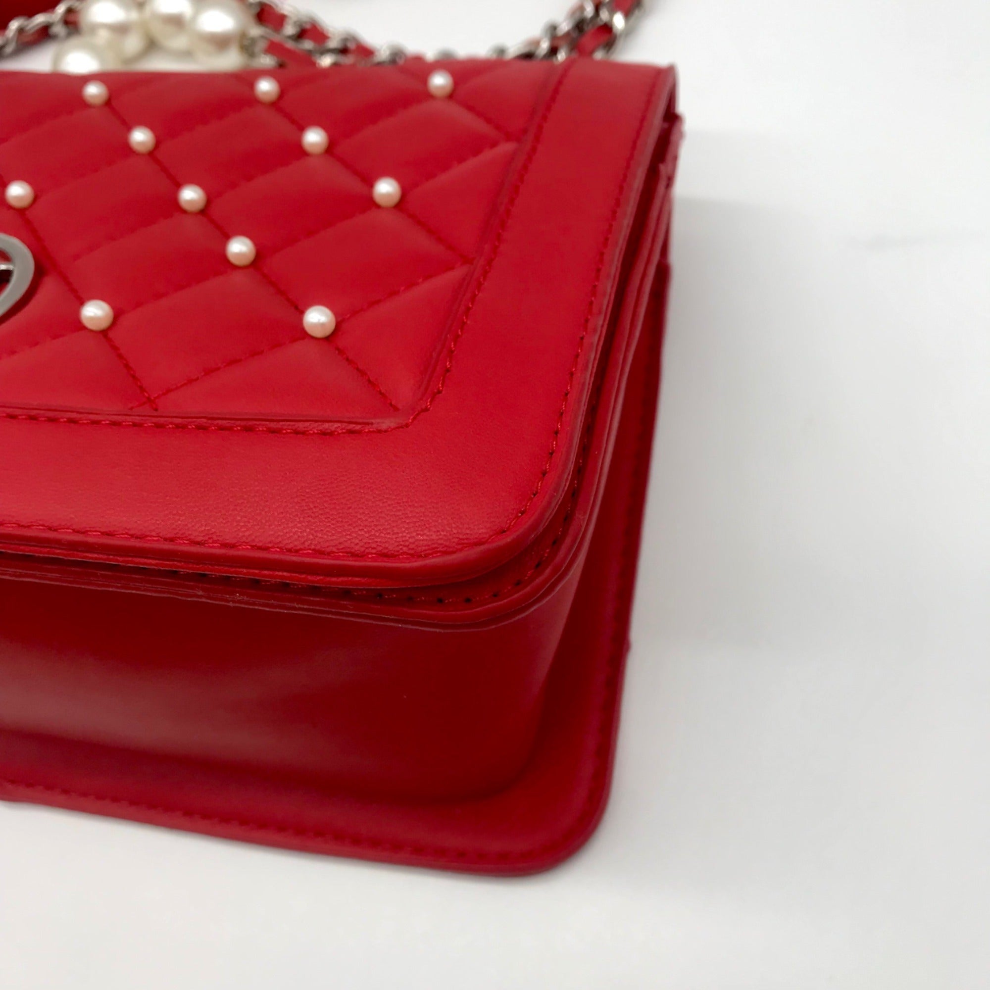 Badgley Mischka Red Quilted Faux Leather And Pearl Crossbody