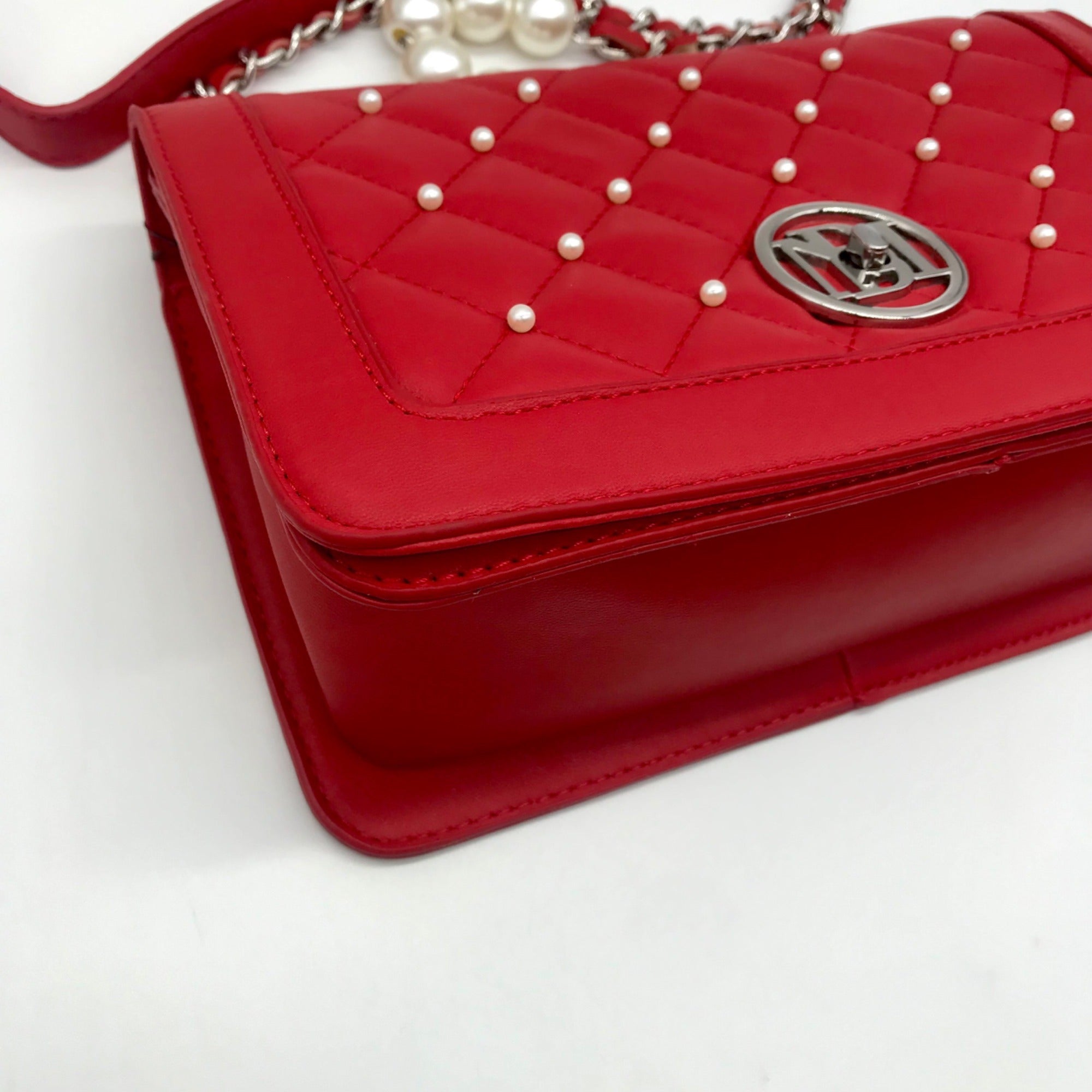 Badgley Mischka Red Quilted Faux Leather And Pearl Crossbody