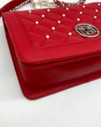 Badgley Mischka Red Quilted Faux Leather And Pearl Crossbody