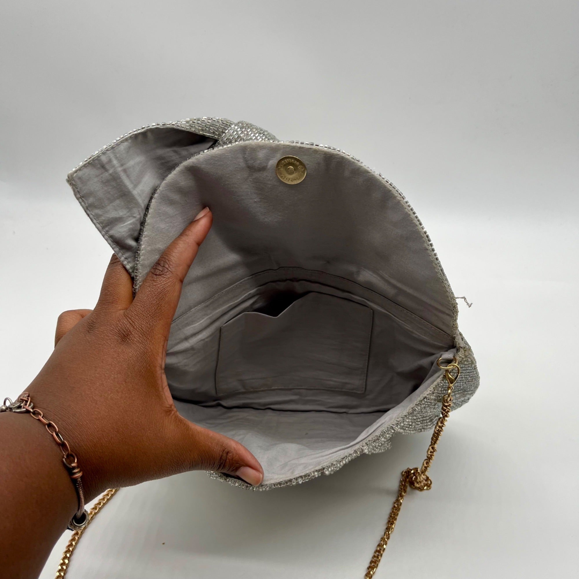 MMS Brands Silver Beaded Clutch Bag