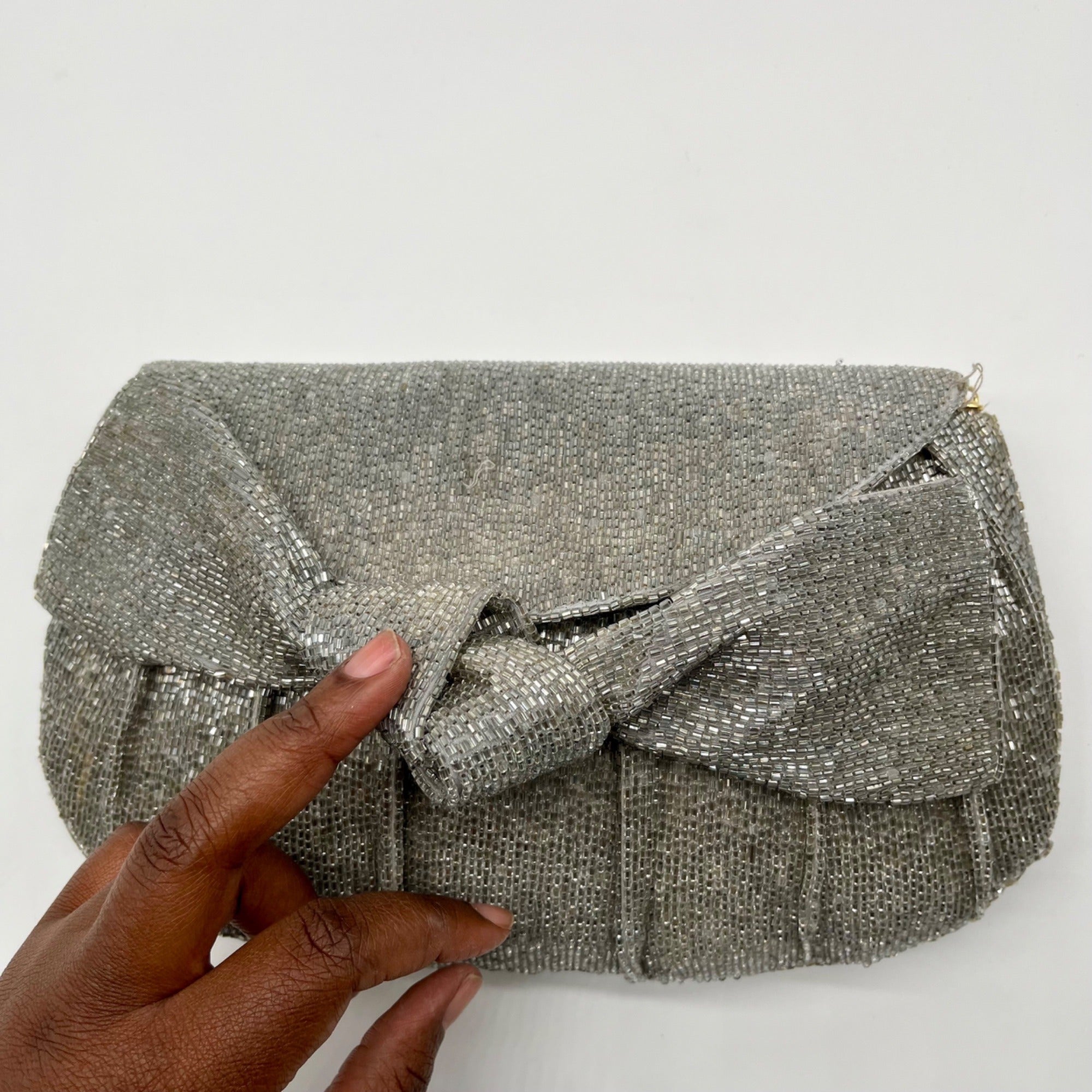 MMS Brands Silver Beaded Clutch Bag