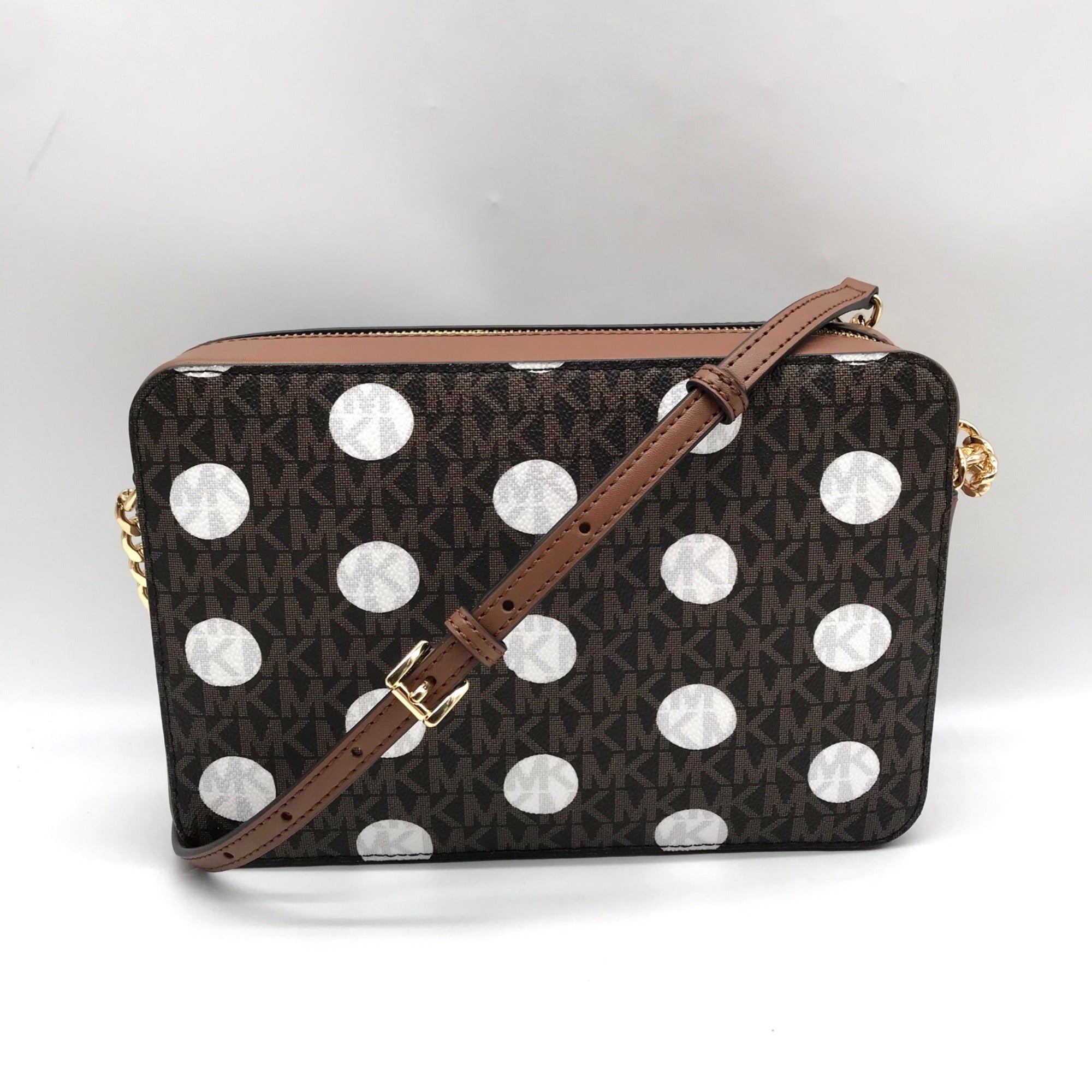 Michael Kors Brown Coated Canvas Jet Set Polkadot Crossbody Bag