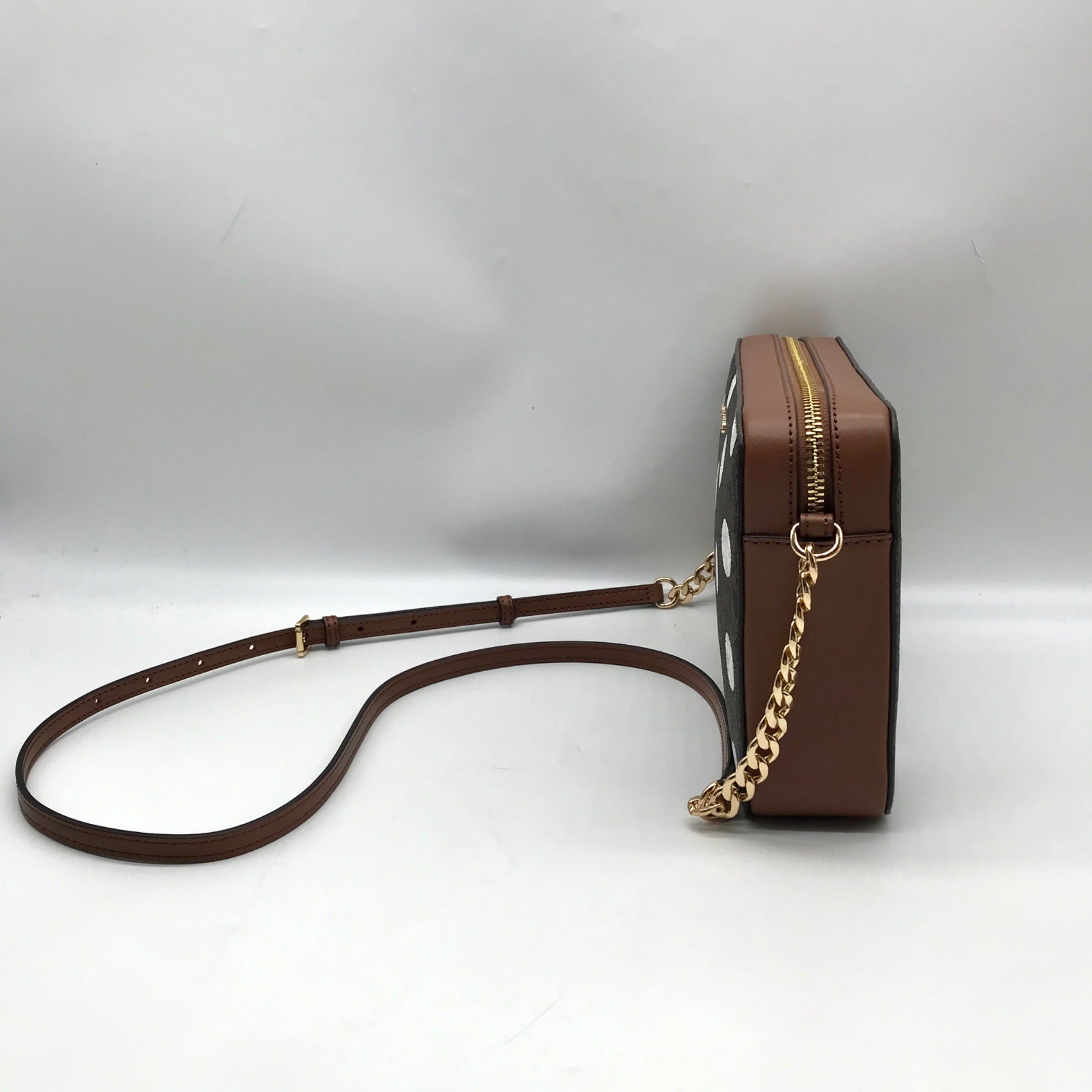 Michael Kors Brown Coated Canvas Jet Set Polkadot Crossbody Bag