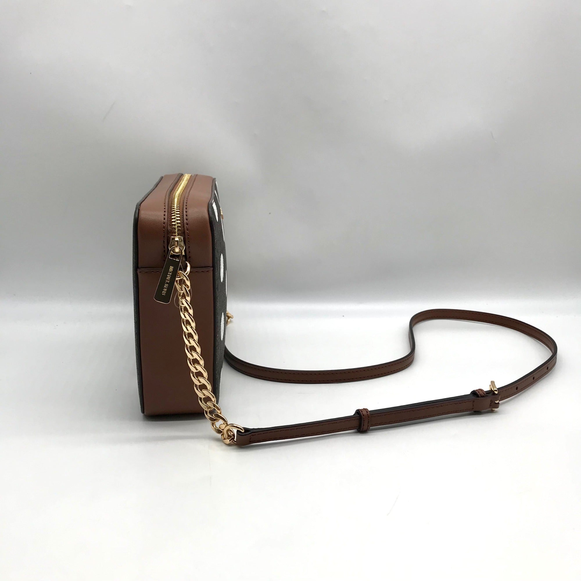 Michael Kors Brown Coated Canvas Jet Set Polkadot Crossbody Bag