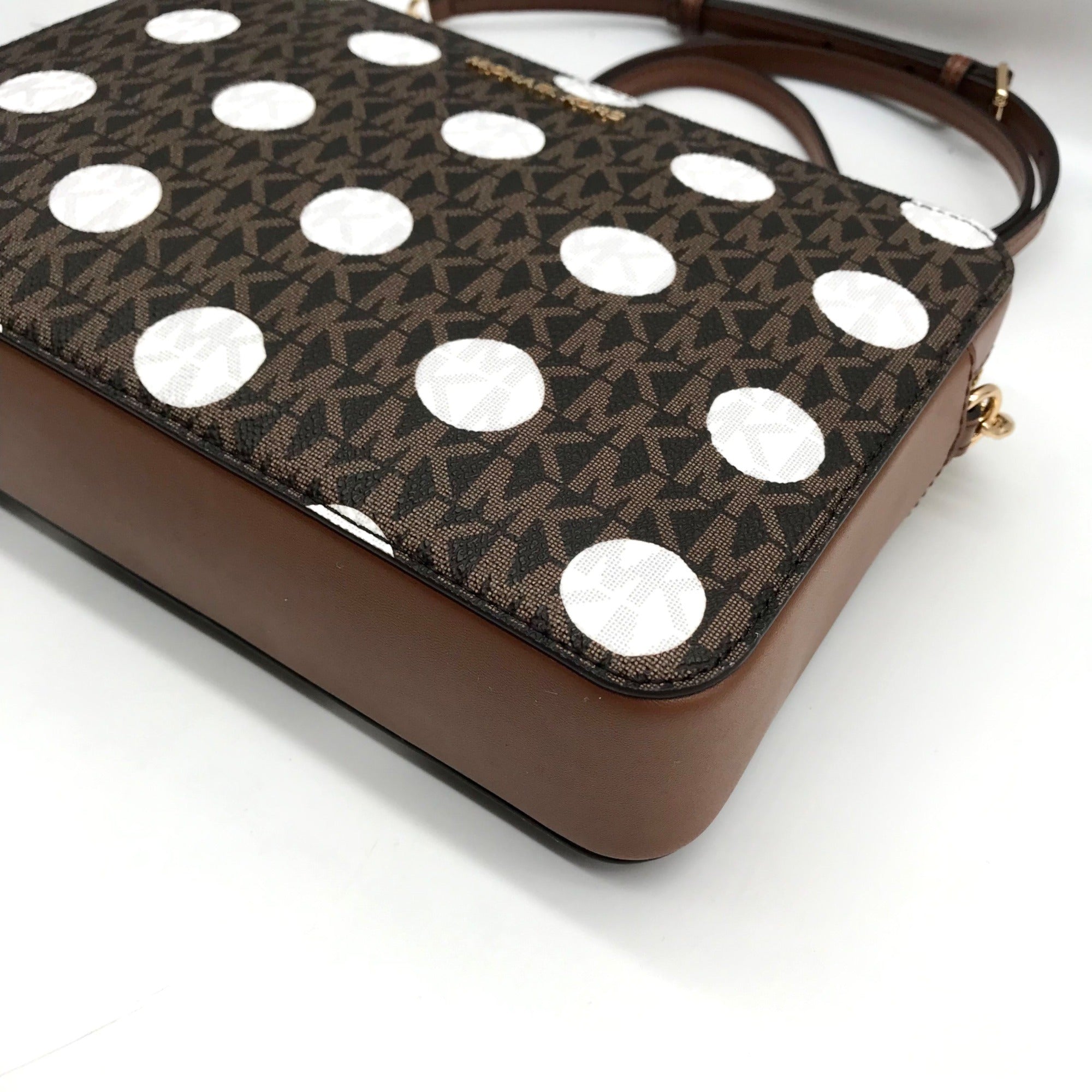 Michael Kors Brown Coated Canvas Jet Set Polkadot Crossbody Bag