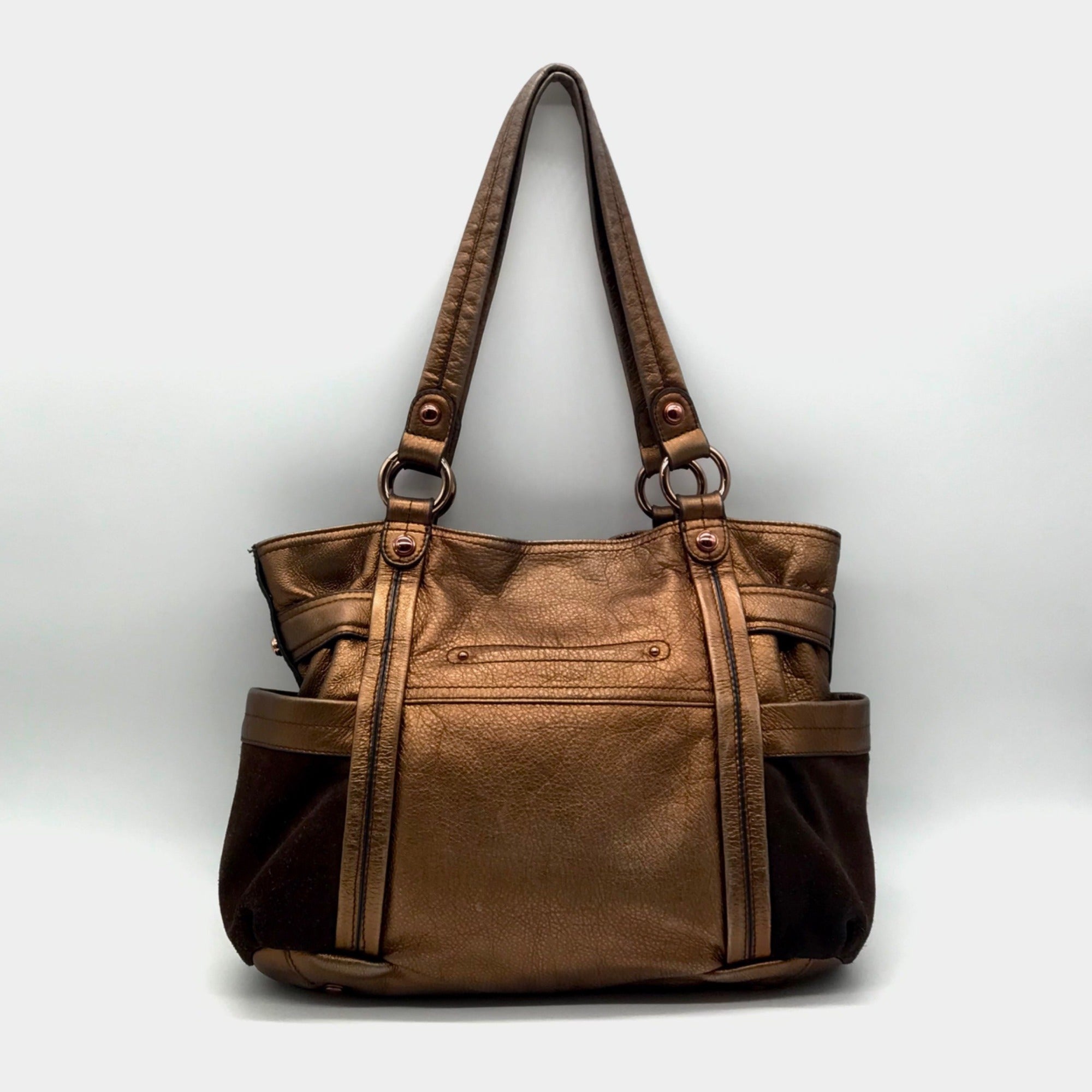 B. Makowsky Metallic Brown Glove Leather Columbia Studded Shopper Bag