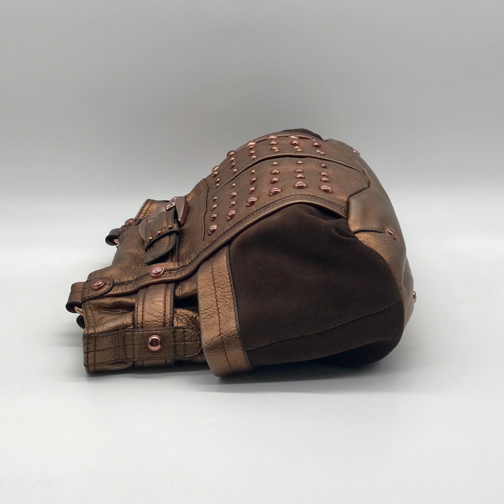 B. Makowsky Metallic Brown Glove Leather Columbia Studded Shopper Bag