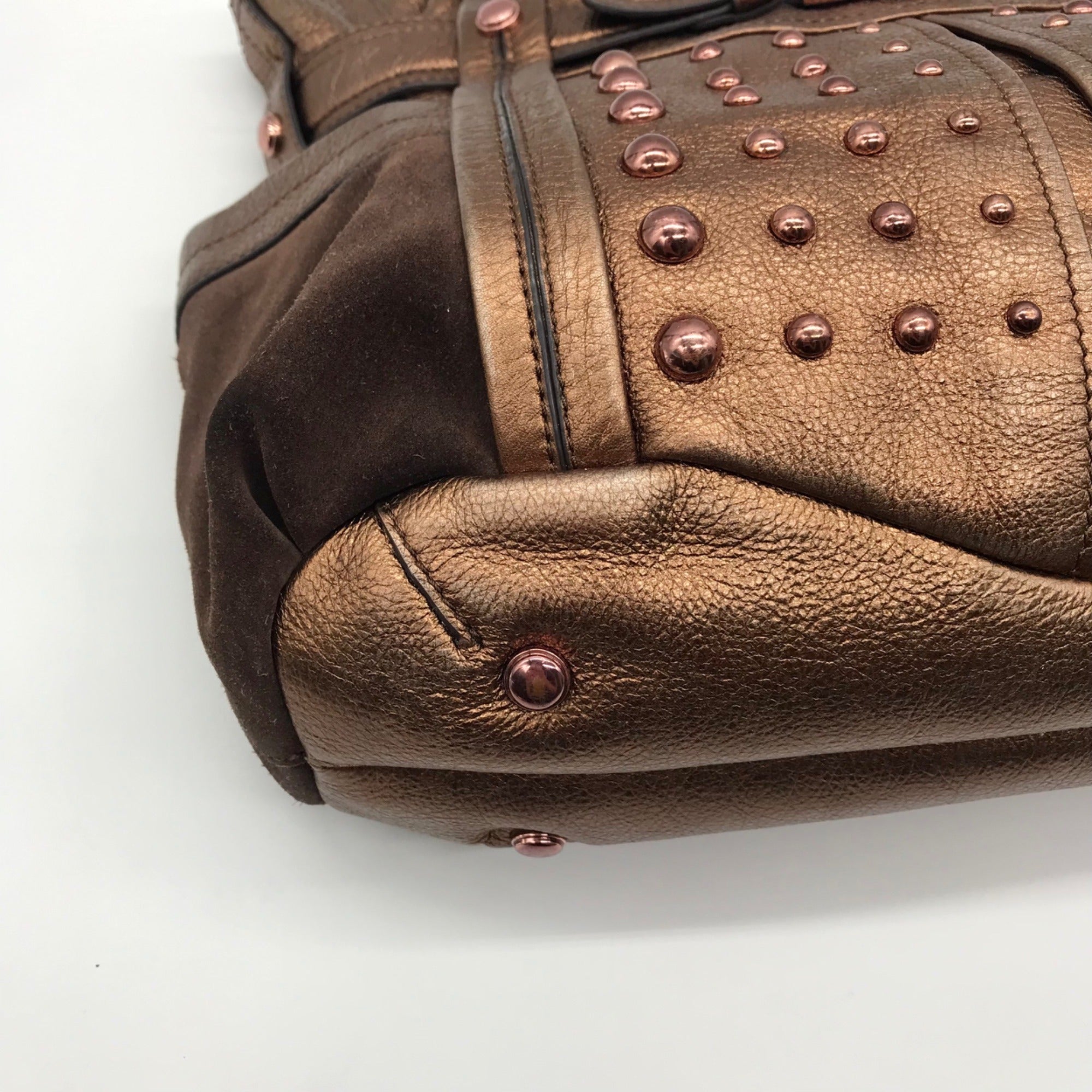 B. Makowsky Metallic Brown Glove Leather Columbia Studded Shopper Bag