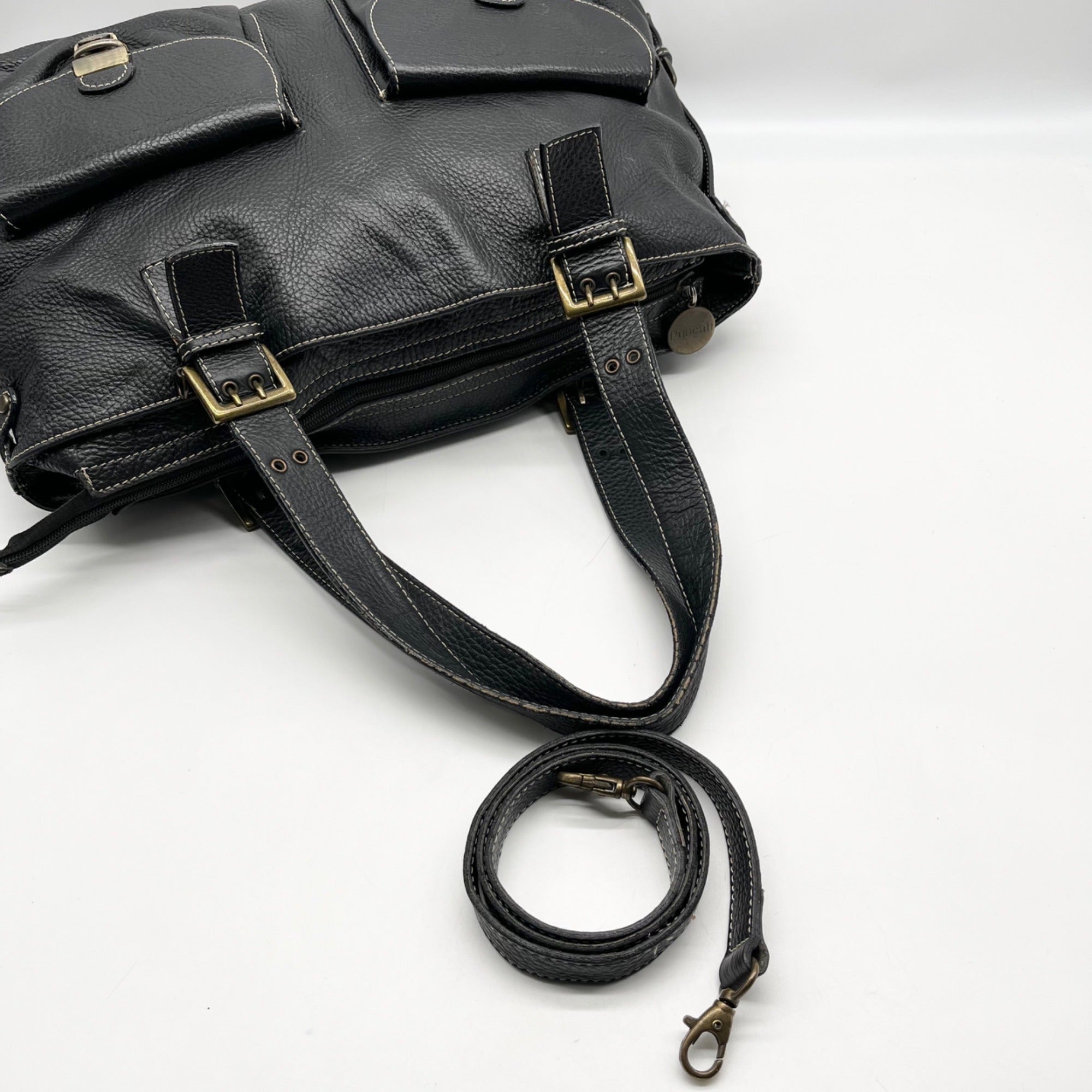 Pulicati Black Pebbled Leather Convertible Satchel Bag