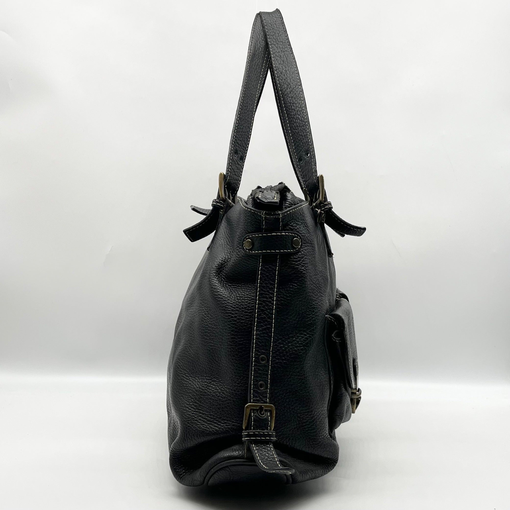 Pulicati Black Pebbled Leather Convertible Satchel Bag