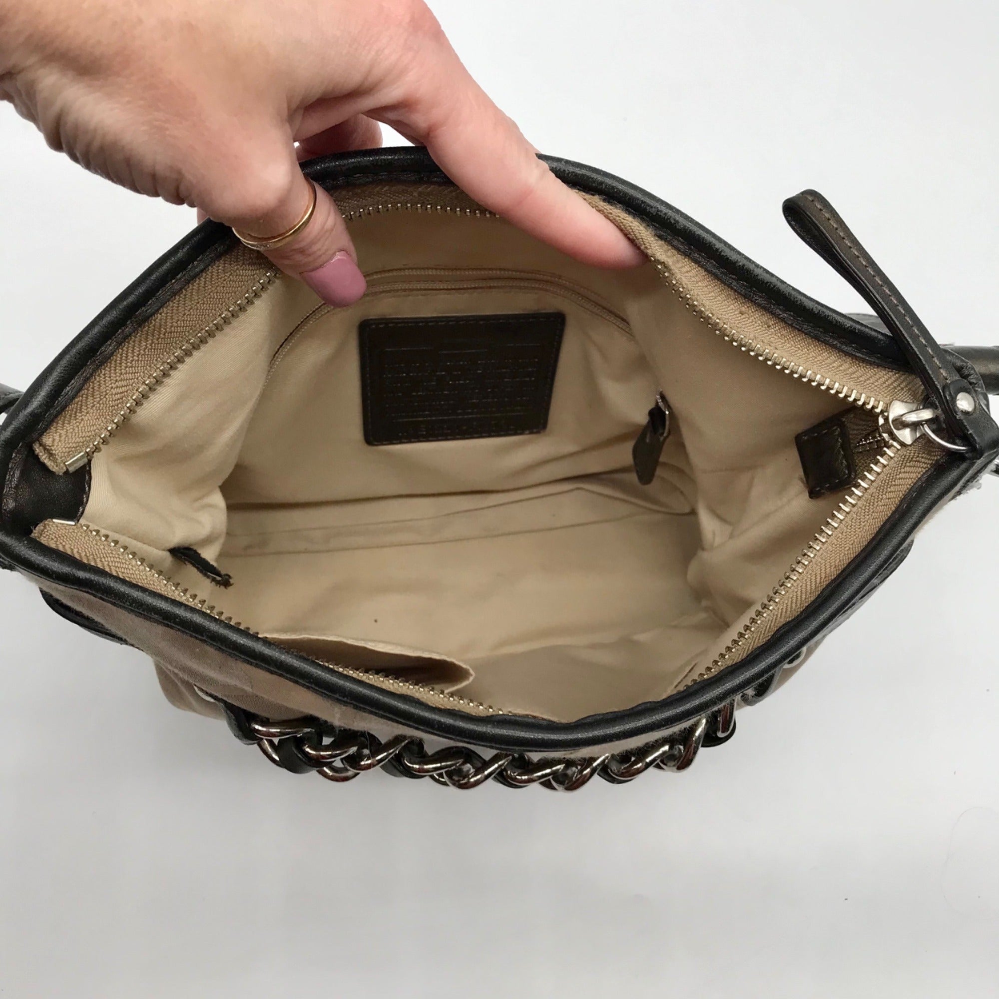 Coach Khaki Monogram Sateen Chain Crossbody Bag F19730