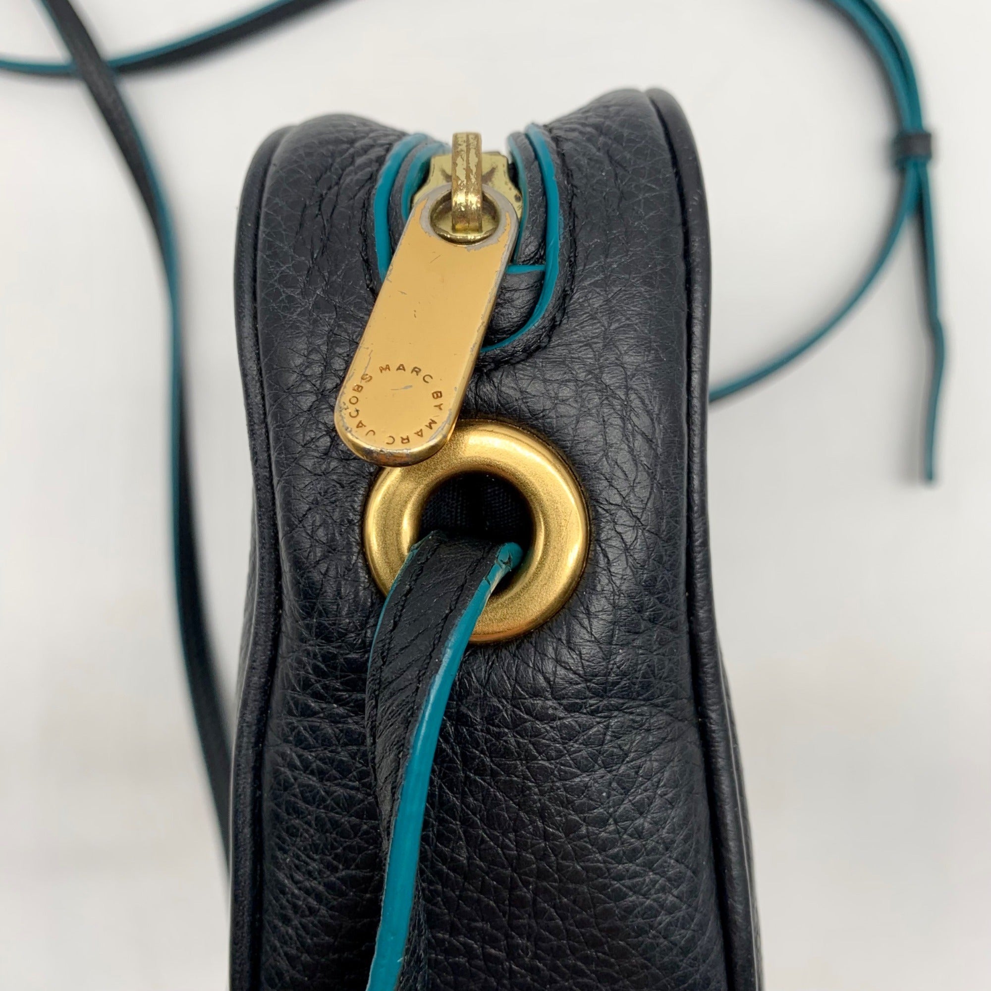 Marc By Marc Jacobs Black and Teal Trim Pebbled Leather Sally Crossbody