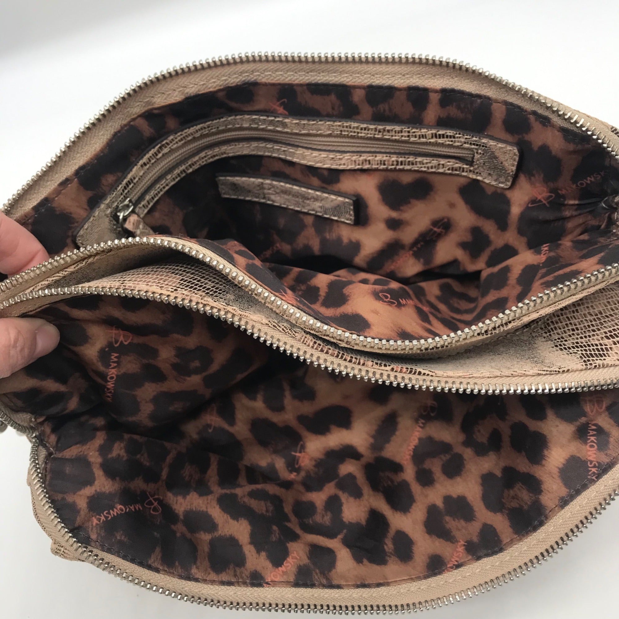 B. Makowsky Tan Snake Embossed Triple Compartment Shoulder Bag