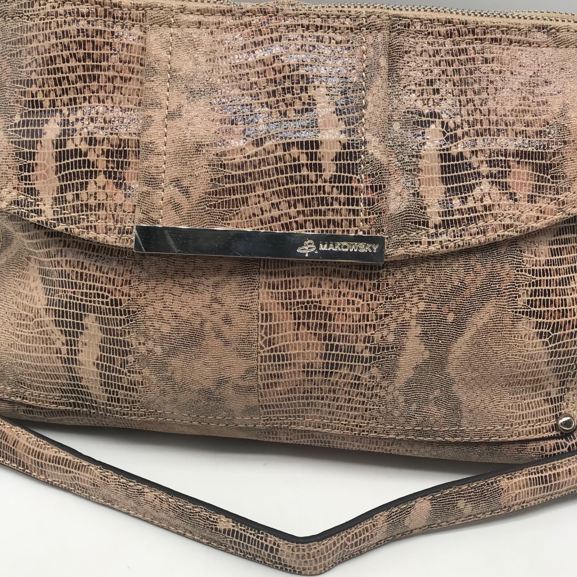 B. Makowsky Tan Snake Embossed Triple Compartment Shoulder Bag