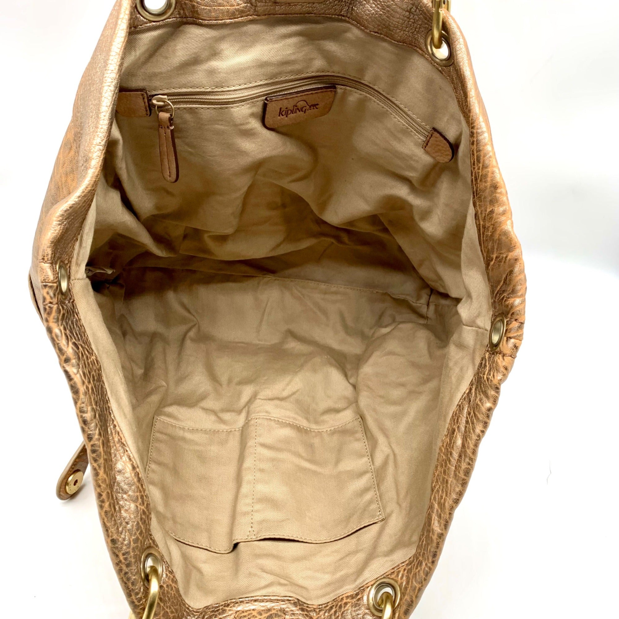 Kipling Metallic Gold Leather Celia Shopper Hobo
