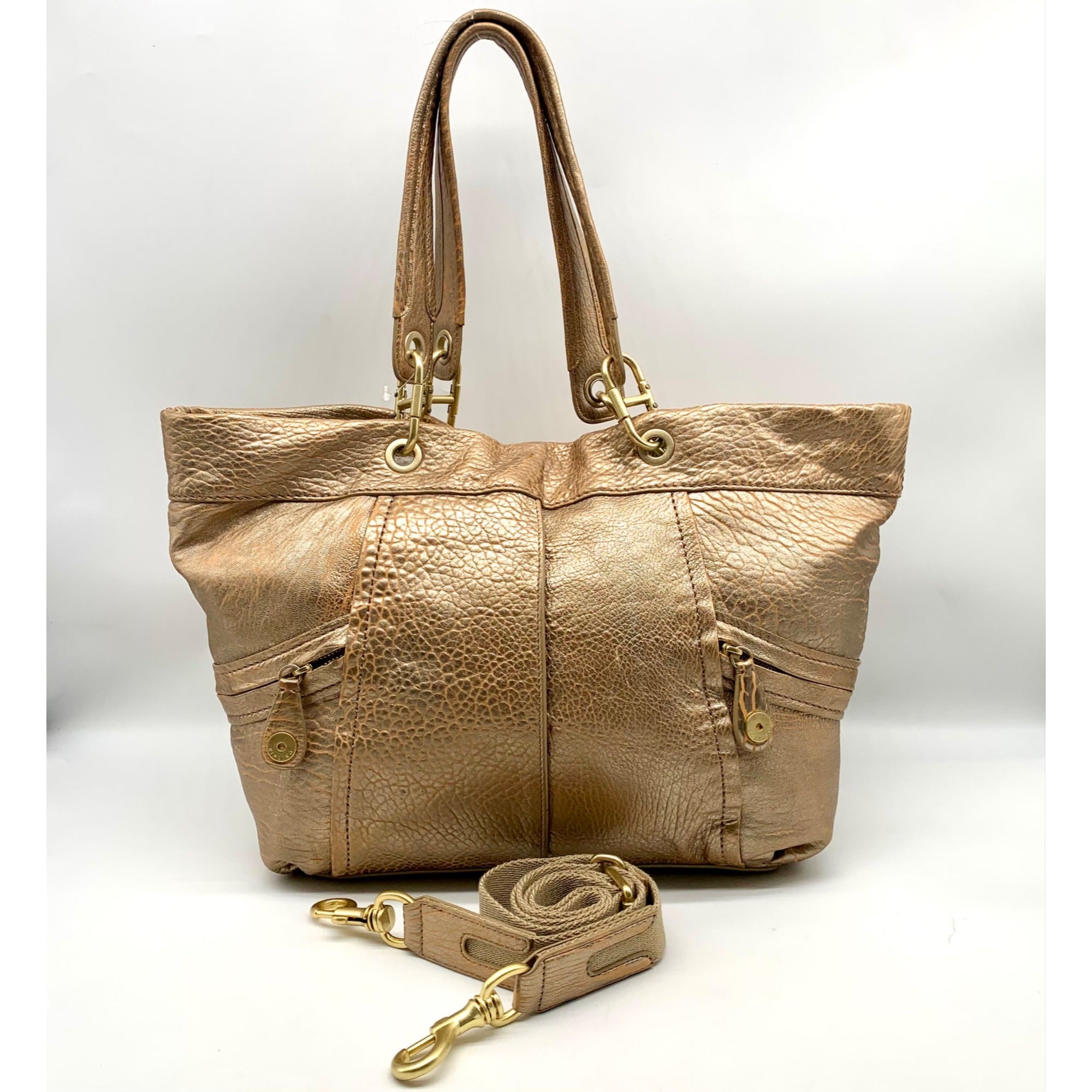 Kipling Metallic Gold Leather Celia Shopper Hobo