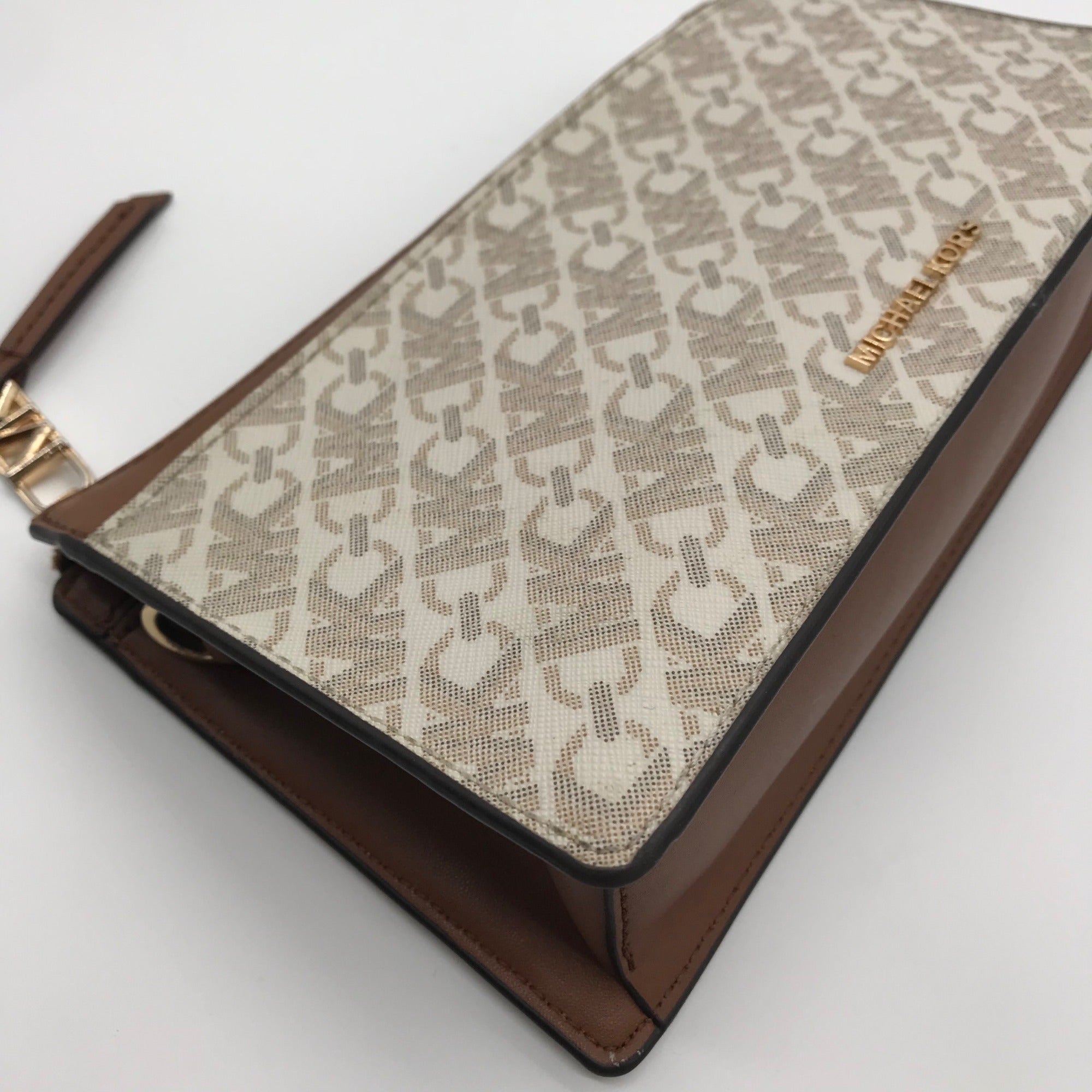 Michael Kors Vanilla &amp; Luggage Brown Trim Empire Convertible Crossbody