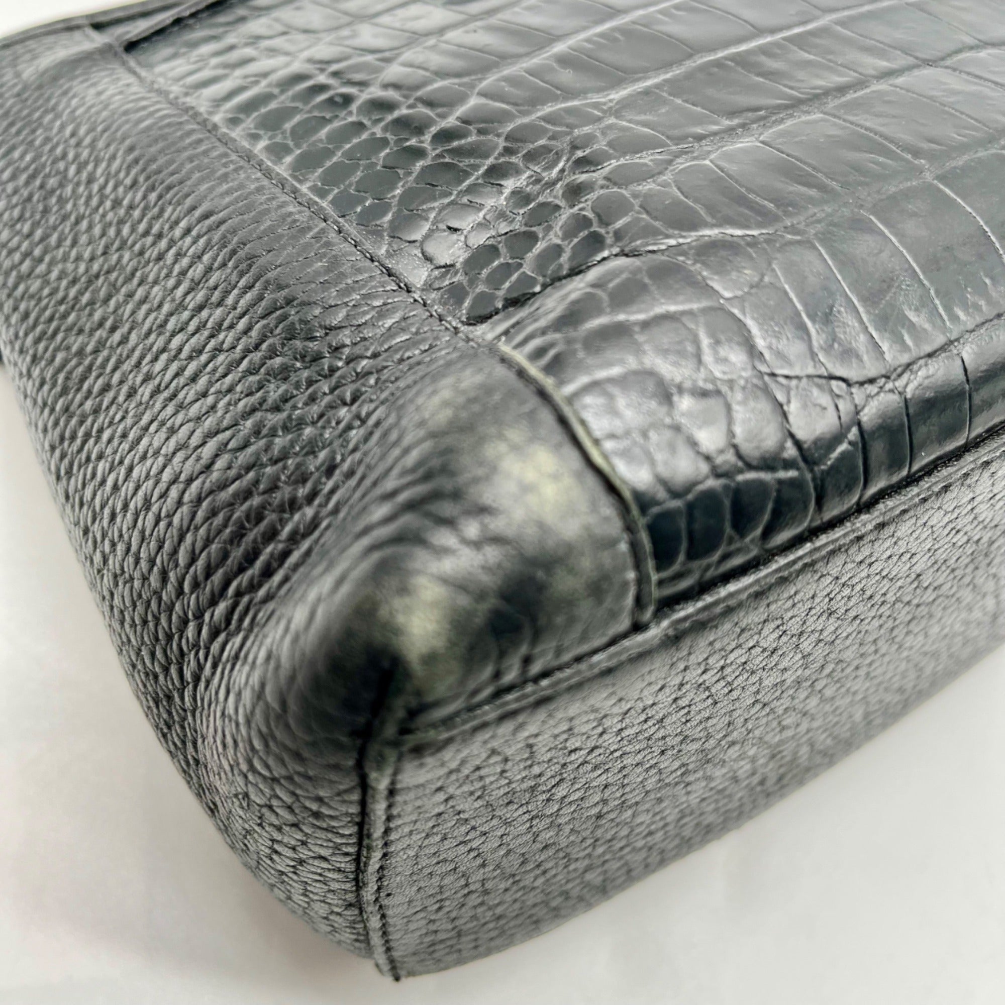 Brighton Black Pebbled Leather And Croc-Embossed Shoulder Bag