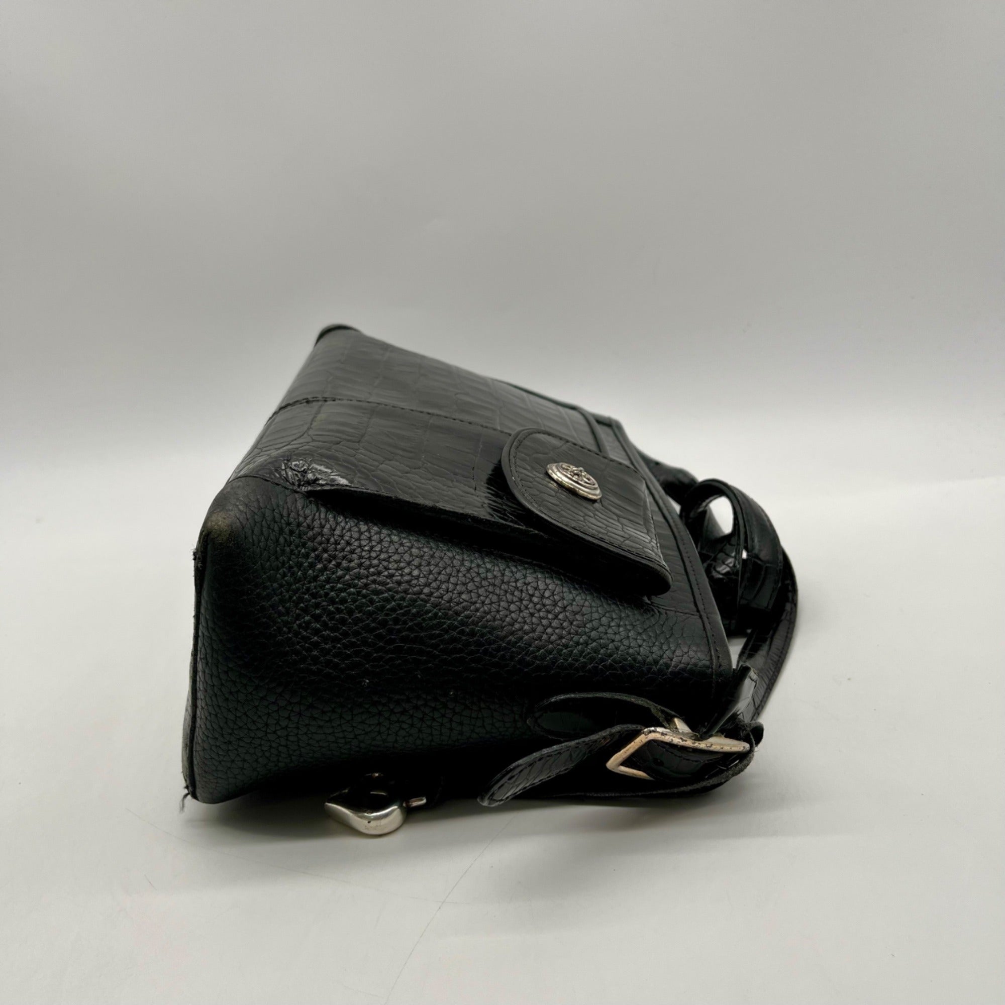 Brighton Black Pebbled Leather And Croc-Embossed Shoulder Bag