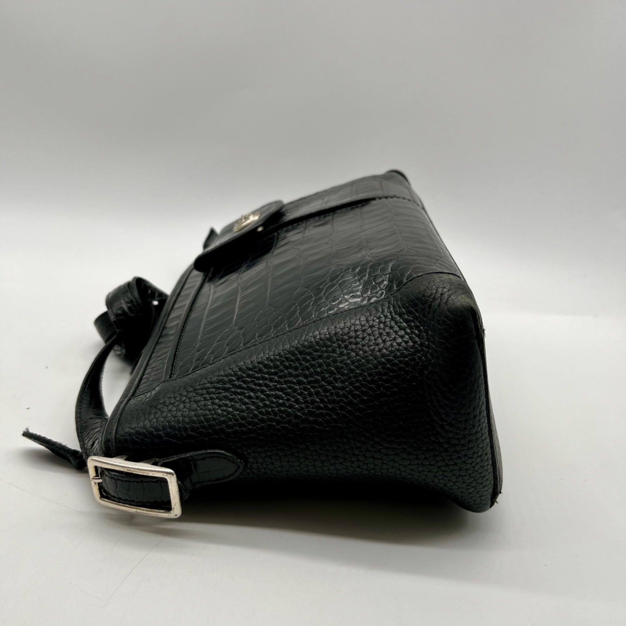 Brighton Black Pebbled Leather And Croc-Embossed Shoulder Bag