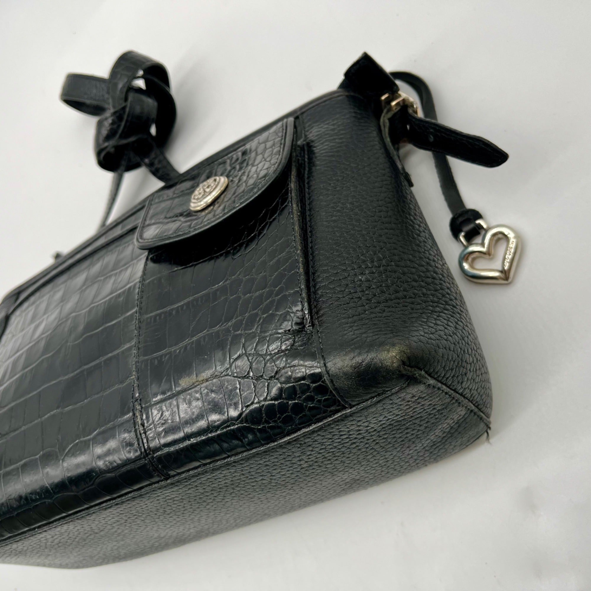 Brighton Black Pebbled Leather And Croc-Embossed Shoulder Bag